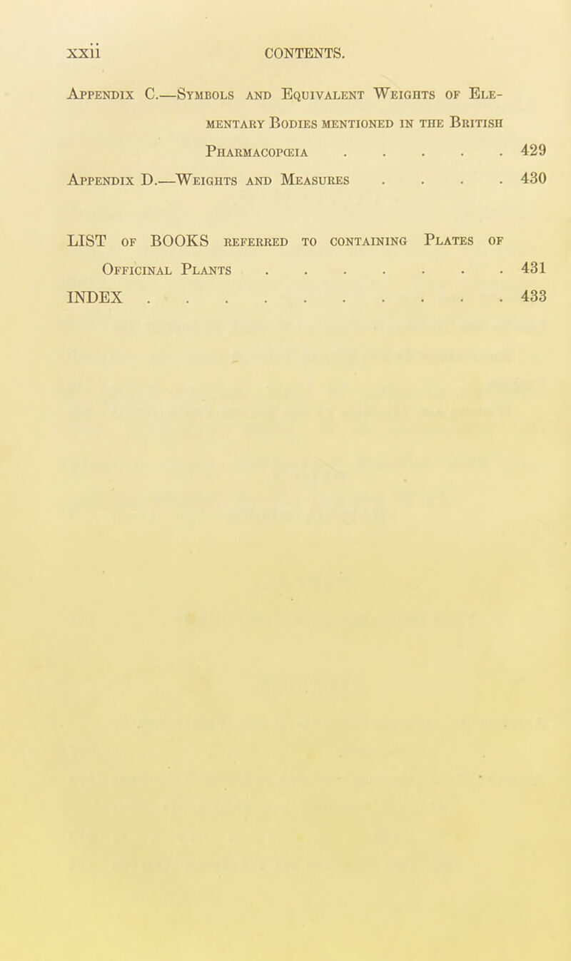 Appendix C.—Symbols akd Equivalent Weights of Ele- mentary Bodies mentioned in the British Pharmacopceia ..... 429 Appendix D.—^Weights and Measures .... 430 LIST of books referred to containing Plates of Officinal Plants 431 INDEX 433