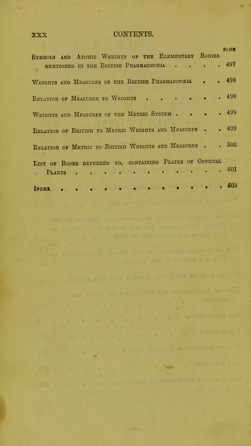Stmbols and Atomic Weights of the Elementary Bodies MENTIONED IN THE BuiTISH PhARMACOPCEU . . . • 497 Weights and Measures of the British Pharmacopceia • • 498 REii^moN OF Meascres to Weights 498 Weights and Measures of the Metric System . • • • 499 Relation of British to Metric Weights and Measures . . 499 Relation of Metric to British Weights and Measures . . 600 List of Books referred to, containing Plates of Official Plants • * • ^01 T ..... fiOS Index