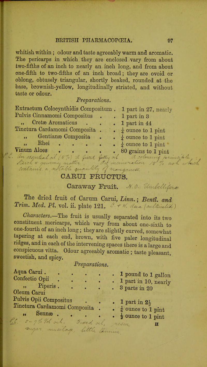 whitish within; odour and taste agreeably warm and aromatic. The pericarps in which they are enclosed vary from about two-fifths of an inch to nearly an inch long, and from about one-fifth to two-fifths of an inch broad; they are ovoid or oblong, obtusely triangular, shortly beaked, rounded at the base, brownish-yellow, longitudinally striated, and without taste or odour. Preparations. Extractum Colocynthidis Compositum . 1 part in 27, nearly Pulvis Cinnamomi Compositus . . 1 part in 3 „ Cret£e Aromaticus . . ,1 part in 44 Tinctura Cardamomi Composita . . i ounce to 1 pint „ GentiansB Composita . . ^ ounce to 1 pint ,, Ehei , , , , , A ounce to 1 pint _ Vinum Aloes 80 grains to .1 pint OARUI FRUCTUS. Caraway Fruit. ^- o. '^^/^^^c^ The dried fruit of Carum Carui, Unn.; Bentl, and Trim. Med. PL vol. ii. plate 121. ^ ^. [^uU^u.^) Characters.—-The fruit is usually separated into its two constituent mericarps, which vary from about one-sixth to one-fourth of an inch long; they are slightly curved, somewhat tapering at each end, brown, with five paler longitudinal ridges, and in each of the intervening spaces there is a large and conspicuous vitta. Odour agreeably aromatic ; taste pleasant, sweetish, and spicy. Pre;parations. cZ^^r't:. 1 pound to 1 gallon Confectio Opn 1 p,rt in 10, nearly „ Piperis 3 parts in 20 Oleum Carui Pulvis Opii Compositus . . . 1 part in 2^ rmctura Cardamomi Composita . . ^ ounce to 1 pint ' • . i ounce to 1 pint