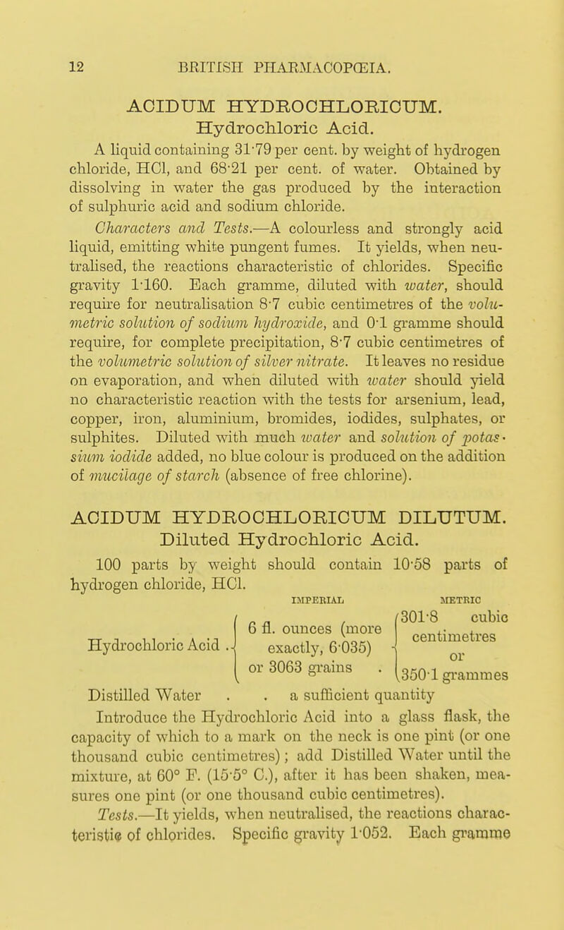 ACIDUM HYDROCHLORIOUM. Hydrochloric Acid. A liquid containing 31-79 per cent, by weight of hydrogen chloride, HCl, and 68'21 per cent, of water. Obtained by dissolving in water the gas produced by the interaction of sulphuric acid and sodium chloride. Characters and Tests.—A colourless and strongly acid liquid, emitting white pungent fumes. It yields, when neu- tralised, the reactions characteristic of chlorides. Specific gravity 1'160. Each gramme, diluted with water, should requke for neutralisation 8'7 cubic centimetres of the voki,- metric solution of sodium hydroxide, and O'l gramme should require, for complete precipitation, 8'7 cubic centimetres of the volumetric solution of silver nitrate. It leaves no residue on evaporation, and when diluted with ivater should yield no characteristic reaction with the tests for arsenium, lead, copper, iron, aluminium, bromides, iodides, sulphates, or sulphites. Diluted with much water and solution of pota^' sium iodide added, no blue colour is produced on the addition of mucilage of starch (absence of free chlorine). Hydrochloric Acid Distilled Water 6 fl. ounces (more exactly, 6 035) or 3063 grains ACIDUM HYDROCHLOmCUM DILUTUM. Diluted Hydrochloric Acid. 100 parts by weight should contain 1058 parts of hydrogen chloride, HCl. METRIC r 301-8 cubio centimetres or ^350'1 grammes a sufficient quantity Introduce the Hydi'ochloric Acid into a glass flask, the capacity of which to a mark on the neck is one pint (or one thousand cubic centimetres); add Distilled Water until the mixture, at 60° F. (15-5° C), after it has been shaken, mea- sures one pint (or one thousand cubic centimetres). Tests.—It yields, when neutralised, the reactions charac- teristie of chlorides. Specific gravity 1-052. Each gramme