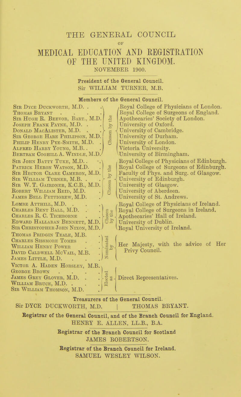 THE GENEEAL COUNCIL OF MEDICAL EDUCATION AND EEGISTEATION OF THE UNITED KINGDOM. NOVEMBEE 1900. President of the General Council. Sir WILLIAM TUENEE, M.B. Members of tlie General Council. Sib Dyce Duckworth, M.D. . Thojias Bbyant Sib Hugh K. Beevob, Babt., M.D Joseph Fbank Payne, M.D. . Donald MacAlisteb, M.D. . Sir Geobge Habe Philipson, M.D, Philip Henry Pye-Smith, M.D. , Alfbed Habby Young, M.B.. Bertbaji Coghill a. Windle, M.D.-' Sib John Batty Tuke, M.D.. Patbick Heron Watson, M.D. Sir Hector Clabe Cameeon, M.D. Sib William Turner, M.B. . Sir W. T. Gairdnee, K.C.B., M.D. Egbert William Eeid, M.D. James Bell Pettigrew, M.D. LoMBE Atthill, M.D. . Charles Bent Ball, M.D. Charles E. C. Tichborne Edward Hallaran Bennett, M.D. Sir Chbistopheb John Nixon, M.D. Thomas Pbidgin Teale, M.B. Chables SissaiORE Tomes William Henby Power David Caldwell McVail, M.B. James Little, M.D. VicTOB A. Haden Horsley, M.B. George Brown .... James Grey Glover, M.D. . William Bruce, M.D. . Sir William Thomson, M.D. \ } 5- i J3 o o ^ o c ^ c3 C >>, /Eoyal College of Physicians of London. Eoyal College of Surgeons of England. Apothecaries' Society of London. University of Oxford. University of Cambridge. University of Durham. University of London. Victoria University. University of Birmingham. Eoyal College of Physicians of Edinburgh. Eoyal College of Surgeons of Edinburgh. Faculty of Phys. and Surg, of Glasgow. University of Edinburgh. University of Glasgow. University of Aberdeen. VUniversity of St. Andrews. Eoyal College of Physicians of Ireland. Eoyal College of Surgeons in Ireland. Apothecaries' HaU of Ireland. University of Dublin. Eoyal University of Ireland. Her Majesty, with the advice of Her Privy Council. Direct Eepresentatives. Treasurers of the General Council. Sir DYCE DUCKWOETH, M.D. 1 THOMAS BBYANT. Begistrar of the General Council, and of the Branch Council for England. HENEY E. ALLEN, LL.B., B.A. Eegistrar of the Branch Council for Scotland JAMES EOBEETSON. Eegistrar of the Branch Council for Ireland. SAMUEL WESLEY WILSON.