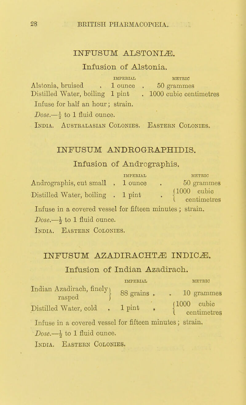 INFUSUM ALSTONI^. Infusion of Alstonia. IMPERIAL METEIfl Alstonia, bruised . 1 ounce . 50 grammes Distilled Water, boiling 1 pint . 1000 cubic centimetres Infuse for half an hour; strain. Dose.—^ to 1 fluid ounce. India. Australasian Colonies. Eastern Colonies. INFUSUM ANDI10GIIAPHIDIS. Infusion of Andrographis. IMPEKIAIj METRIC Andrographis, cut small . 1 ounce . 50 grammes Distilled Water, boiling . 1 pint . j^^^^ I centimetres Infuse in a covered vessel for fifteen minutes ; strain. Dose.—\ to 1 fluid ounce. India. Eastern Colonies. INFUSUM AZADIRAOHT^ INDICT. Infusion of Indian Azadirach. IMPERIAL METRIC Indian Azadirach, finely rasped 88 grains . . 10 grammes Distilled Water, cold . 1 pint , j ^^^^ I centimetres Infuse in a covered vessel for fifteen minutes; strain. Dose.—\ to 1 fluid ounce.