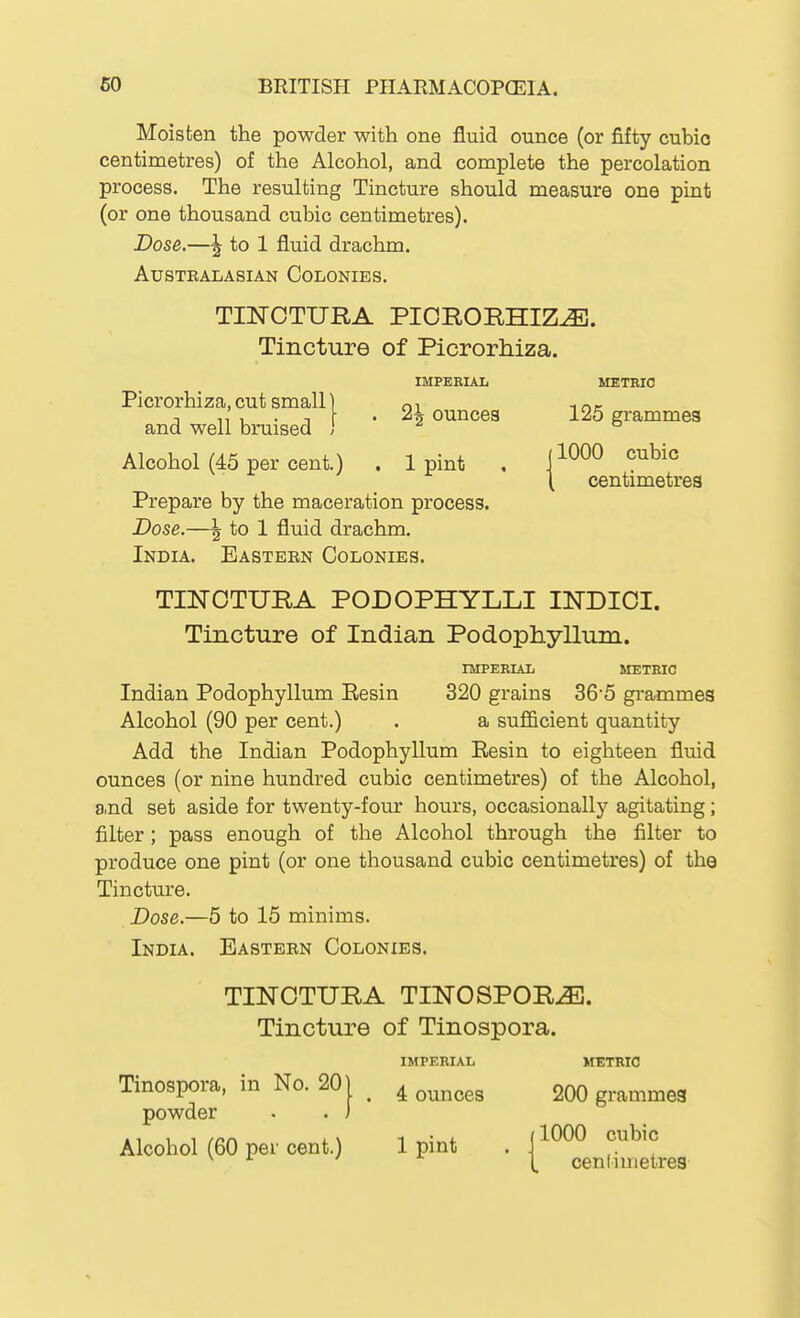 Moisten the powder with one fluid ounce (or fifty cubic centimetres) of the Alcohol, and complete the percolation process. The resulting Tincture should measure one pint (or one thousand cubic centimetres). Dose.—^ to 1 fluid drachm. AUSTBALASIAN COLONIES. TINOTURA PICRORHIZ^. Tincture of Picrorhiza. IMPEBIAL METMC Picrorhiza, cut small ] ni -inc T ,' .if • ounces 125 grammes and well bruised ' ° Alcohol (45 per cent.) . 1 pint , ^''^^^ \ centimetres Prepare by the maceration process. Dose.—\ to 1 fluid drachm. India. Eastern Colonies. TINOTURA PODOPHYLLI INDICI. Tincture of Indian Podophyllum. mPERIAIj METRIC Indian Podophyllum Eesin 320 grains 36'5 grammes Alcohol (90 per cent.) . a sufficient quantity Add the Indian Podophyllum Eesin to eighteen fluid ounces (or nine hundred cubic centimetres) of the Alcohol, and set aside for twenty-four hours, occasionally agitating; filter; pass enough of the Alcohol through the filter to produce one pint (or one thousand cubic centimetres) of the Tincture. Dose.—5 to 15 minims. India. Eastern Colonies. TINCTURA TINOSPOR^. Tincture of Tinospora. IMPERIAL METRIC Tinospora, in No. 20 powder 4 ounces 200 grammes Alcohol (60 per cent.) 1 pint . |^^^^ ^ ^ (. cen 11 metres