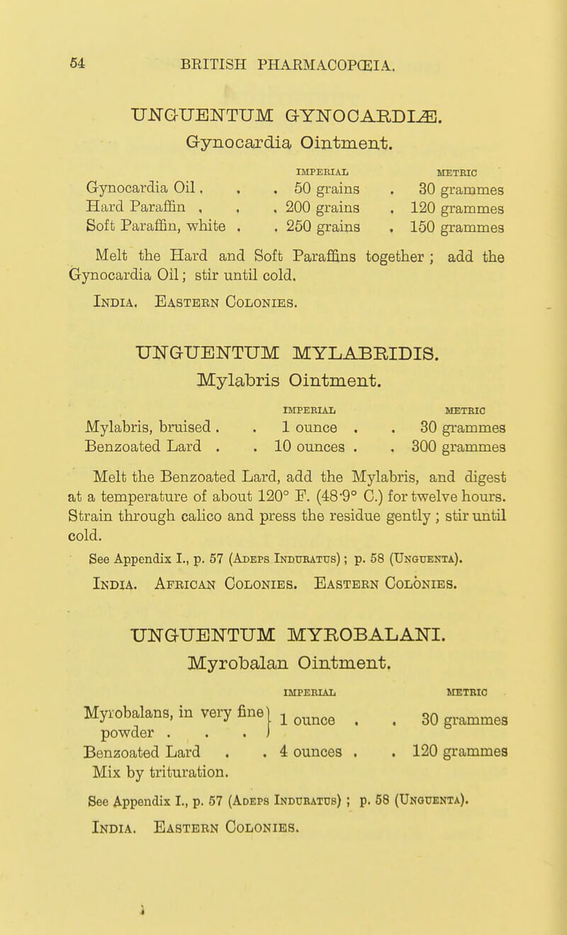 UNGUENTUM GYNOCARDIE. Gynocardia Ointment. IMPEEIAL METRIC Gynocardia Oil. . . 50 grains . 30 grammes Hard Paraffin , , . 200 grains . 120 grammes Soft Paraffin, white . , 260 grains , 150 grammes Melt the Hard and Soft Paraffins together ; add the Gynocardia Oil; stir until cold. India. Eastbbn Colonies. UNGUENTUM MYLABRIDIS. Mylabris Ointment. IMPERIAL METRIC Mylabris, braised. . 1 ounce . . 30 gi-ammes Benzoated Lard . . 10 ounces . . 300 grammes Melt the Benzoated Lard, add the Mylabris, and digest at a temperature of about 120° F. (48'9° C.) for twelve hours. Strain through calico and press the residue gently ; stir until cold. See Appendix I., p. 57 (Adeps Induratus) ; p. 58 (Unguenta). India. Afeican Colonies. Eastern Colonies. UNGUENTUM MYROBALANI. Myrobalan Ointment. IMPERIAL METRIC Myiobalans, in very fine powder . Benzoated Lard . . 4 ounces . , 120 grammes Mix by trituration. See Appendix I., p. 57 (Adeps Induratus) ; p. 58 (Unguenta). India. Eastern Colonies. 1 ounce . . 30 grammes i