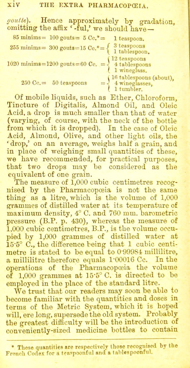 ijoutle). Hence approximately by gradation, omitting the affix ' -ful,' we should have— 85minims= 100gouts= 5 Cc.*= 1 teaspoon. 255 mimm3= 300 gouta=15 Co.*= I 3 teaspoons \ \ tablespoon. ( 12 teaspoons 1020 minim8 = ]200 gouts = 60 Co. =J 4 tablespoons ( 1 wineglass. i Ifi tablespoons (about), 250 Co. = 50 teaspoons =J 4 wineglasses, ( 1 tumbler. Of mobile liquids, such as Ether, Chloroform, Tincture of Digitalis, Almond Oil, and Oleic Acid, a drop is much smaller than that of water (varying, of course, with the neck of the bottle from which it is dropped). In the case of Oleic Acid, Almond, Olive, and other light oils, the 'drop,' on an average, weighs half a grain, and in place of weighing small quantities of these, we have recommended, for practical purposes, that two drops may be considered as the equivalent of one grain. The measure of 1,000 cubic centimetres recog- nised by the Pharmacopceia is not the same thing as a litre, which is the volume of 1,000 grammes of distilled water at its temperature of maximum density, 4° C. and 760 mm. barometric pressure (B.P. p. 430), whereas the measure of 1,000 cubic centimetres, B.P., is the volume occu- pied by 1,000 grammes of distilled water at 155° C, the diiTerence being that 1 cubic centi- metre is stated to be equal to 0-999S4 millilitre, a millilitre therefore equals 1-00016 Cc. In the operations of the Pharmacopoeia the volume of 1,000 grammes at 15-5°C. is directed to be employed in the place of the standard litre. We trust that our readers may soon be able to become familiar with the quantities and doses in terms of the Metric System, which it is hoped will, ere long, supersede the old system. Probably the greatest difficulty will be the introduction of conveniently-sized medicine bottles to contain * These quantities are respectively those recognised by the French Coclex for n tra'poondil and a lablespoonful.