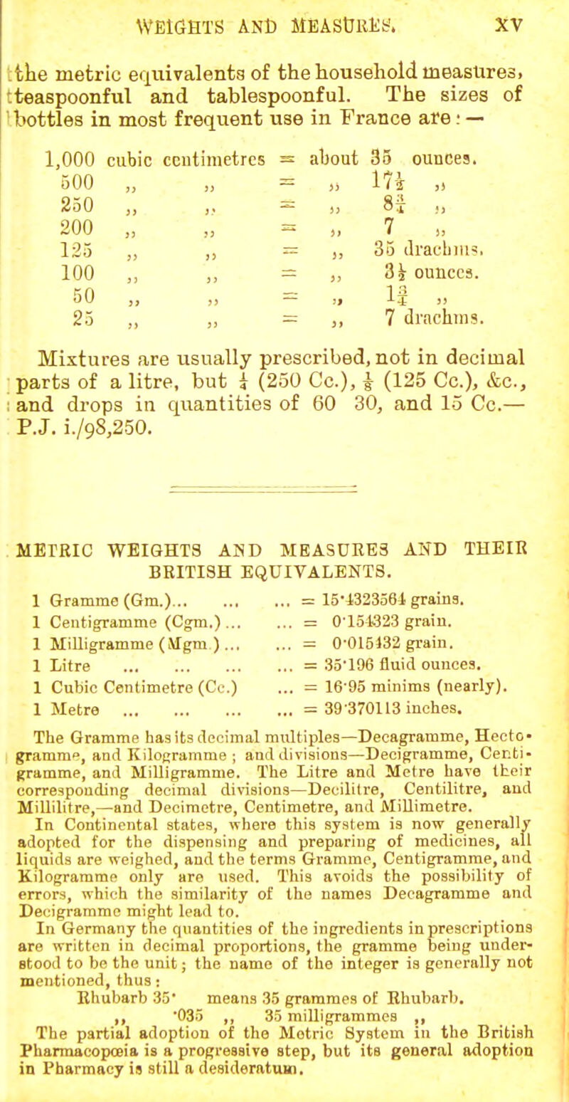 ttlie metric equivalents of the household measures, tteaspoonful and tablespoonful. The sizes of ' bottles in most frequent use in France are; — 1,000 cubic centimetres 500 „ 250 „ 200 „ 125 „ 100 „ 50 „ 25 ,, J, about 35 ounces. 1 ti 35 draclims. 3^ ounces. IS >. 7 drachms. Mixtures are usually prescribed, not in decimal parts of a litre, but i (250 Cc), i (125 Cc), &c., : and drops in quantities of 60 30, and 15 Cc.— P.J. i./98,250. MErRIC WEIGHTS AND MEASURES AND THEIR BRITISH EQUIVALENTS. 1 Gramme (Gm.) 1 Centigramme (Cgm.) ... 1 Milligramme (Mgm )... 1 Litre 1 Cubic Centimetre (Cc.) 1 Metre = 15i323561 grains. = 0-151323 grain. = 0-015132 grain. = 35-196 fluid ounces. = 16-95 minims (nearly). = 39 -370113 inches. The Gramme has its decimal multiples—Decagramme, Hecto- gramme, and Kilogramme ; and divisions—Decigramme, Centi- Rramme, and Milligramme. The Litre and Metre have their corresponding decimal divisions—Decilitre, Centilitre, and MiUilitre,—and Decimetre, Centimetre, and Millimetre. In Continental states, where this system is now generally adopted for the dispensing and preparing of medicines, all liquids are weighed, and the terms Gramme, Centigramme, and Kilogramme only are used. This avoids the possibility of errors, which the similarity of the names Decagramme and Decigramme might lead to. In Germany the quantities of the ingredients in prescriptions are written in decimal proportions, the gramme being under- stood to be the unit; the name of the integer is generally not mentioned, thus: Rhubarb 35' means 35 grammes of Rhubarb. 035 ,, 35 milligrammes ,, The partial adoption of the Metric System in the British Pharmacopoeia is a progressive step, but its general adoption in Pharmacy is still a desideratum.