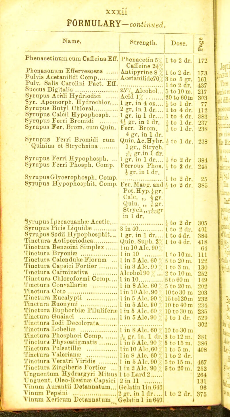 FORMULARY — continued. Name. Strength, j Dose. Phenacetiimm cum Cali'ei oa Eff. Pbenazonum Eflfervescans Piilvia Acetanilidi Comp Pulv. Salia Carolini Fact. Eff. Succua Digitalis Sjrujnia Acidi Hydriodici Syr. Apomorpb. Hydrochlor.... Syrupua Butyl Chloral Syrupus Caloii Hypophosph. ... Syrupus Ferri Bromidi Syrupus Per. Brom. cum Quin. Syrupus Ferri Bromidi cum Quinina at Strychniua Syrupus Ferri Hypophosph. ... Syrupus Ferii Phosph. Comp. SyrupusOlycerophosph. Comp. Syrupus Hypophoaphit. Comp, Syrupus Ipecacuauhir Acetic.... Syrupus Picis Liquidle SyrupusSodii Hypophosphit... Tinctura Antiperiodica Tinctura Beuzoini Simplex Tinctur;! Bryouiro Tinctura Calendulie Florum ... Tinctura Cajisici Fortior Tmctura Carminaliva 'I'inctura Chloroi'ormi Comp.... 'I'inctura ConvallariiC Tinctura Colo Tinctura Eucalypti Tinctura Euonymi Tinctura Kuphorl)iic Pilulifcra- Tiuctura Guaiai i Tint lura lodi Docolorala Tiut'tura Lobeliic Tinctura Pliosphori Comp Tinctur* PhysoBlii;matia Tinctura Pulsatilhc Tinctura A'alerian.'c Tinctura Veratri A'iridis Tinctur.i Zinniboris Fortior ... Unguontum ITydrarpyri Aliluis TJn(>ueut. Oleo-Kesina' Capsici Tiniim Aurantii Detannatnm... A'^inuni Vepsini i Vinum Xericum Dctacnnlum Phenacetiu 5 Calfeiue 2i '; Antipyrine 8 V Acetanilide70,^ |25°/,Aicohoi!!'. Acid 1% 1 gr. in 4 oz.... 2 gr. in 1 dr.... 1 gr. in 1 dr.... 4i gr. in 1 dr. Ferr. Brom. i gr. in 1 dr. Quin. Ac.Hybr. 1 gr., Strych. ;;V f-'f.in 1 dr. 1 gr. in 1 dr.... Ferrous Phos. igr. in 1 dr. Fer. Marg. and . Pot.Hyp.{gr. ' <-'iilc. ,, Agr. I Quiu- .. igr- I Strych,„-ine>- in 1 dr. :i'in W. 1 gr. in 1 dr... QuiD. Suph. 2 I m 10 Ale. 90 1 in 10 :1 in a Ale. (iO km-.i Alc.O) Alcohol 90 .. I in 10 1 in 8 Ale. (jO lin 10 Ale. 90 II in .5 Ale. 90 1 iu 5 Ale. flO 1 in 5 Ale. 00 1 in 5 Ale.90 1 to 2 dr. 173 1 to 2 dr, 3 to 5 gr. 1 to 2 dr. .5 to 10 m. 20 to 60 m Jto 1 dr. 1 to 4 dr. 1 to 4 dr. .'. to 1 dr. h to 1 dr. I in 8 Ale. 60 gr. in. 1 dr. I in.5 Ale. 90' liulO Ale.60 1 in S Ale. 60 ' 1 in .5 Ale. 90 1 in 2 Ale. 90 , 1 to Lard 2 2iull Xiolatinlin 64D 2 gr. in 1 dr.... Gelatin 1 in 610 1 to 2 dr I to 2 dr. 1 to 4 dr. 1 to 4 dr. I Ui lOm.l •T (o 20 m. 1 tu 3 m. 2 to 10 ni. 5 to 60 m .1 to 20 m. 10 to 30 m ir)lol20m lOtolOro 10 to3(i m !. to 1 dr. I !lO to 30 m 3 to 12 m.! j5 to 15 m. 1 to 5 m. 1 to 2 dr. .) to 15 m. 6t(i 20 ni. 173 161 437 217 3P3 77 112 3S3 237 238 !, to 1 dr. 233 '.to 2 dr >. to a dr. 1 lo 2 dr. '. lo 2 dr. I to 2 dr. 384 245 25 385 305 401 384 418 6i 111 122 130 252 119 202 203 232 234 235 529 302 381 3Sfi 408 487 252 264 131 96 375