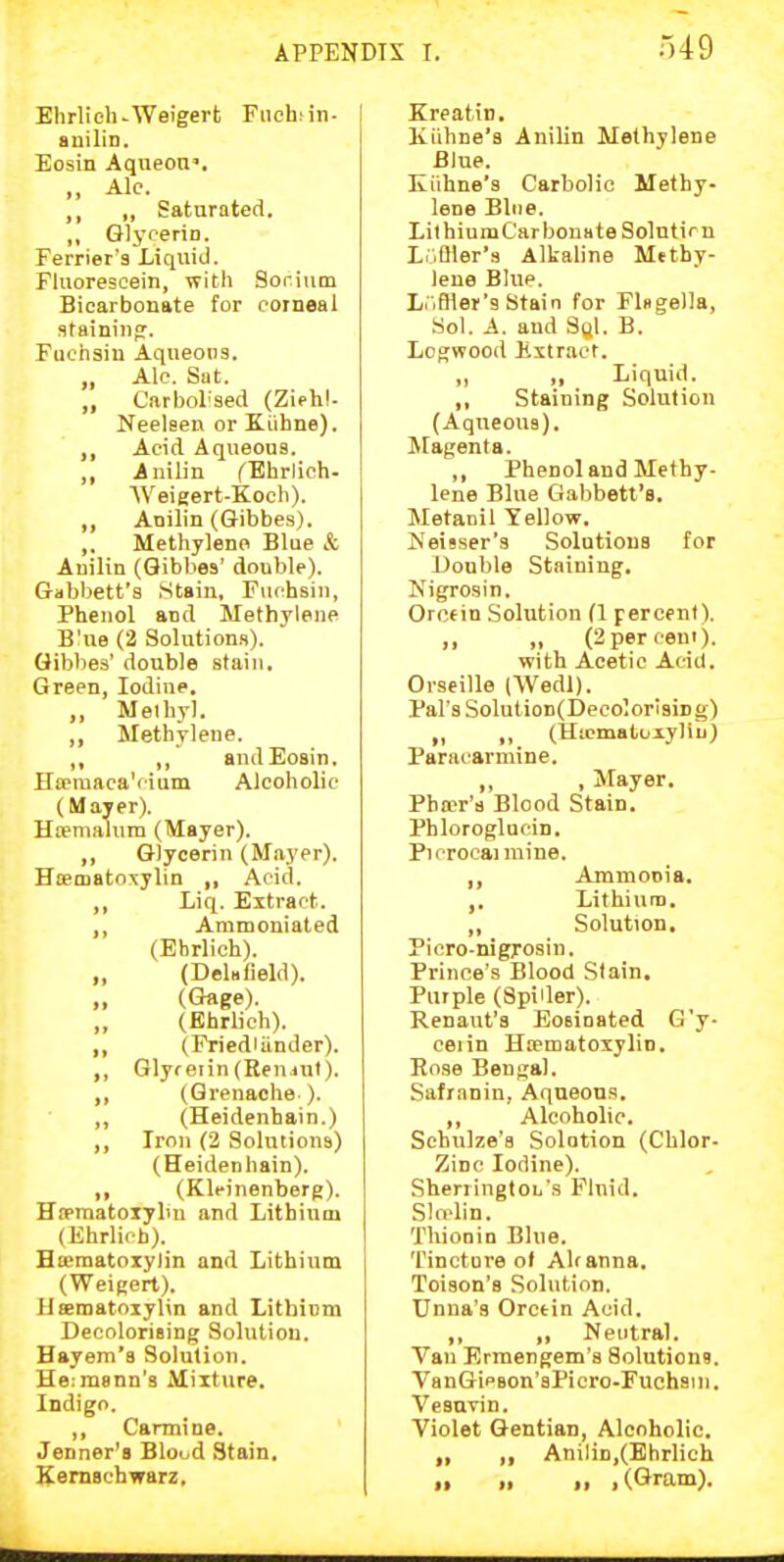 Elirlieh-Weigert Fiichnn- | auilin. Eosin Aqueou'. „ Ale. „ Saturated. ,, Qlj-perin. Ferrier'a Liquid. Fluorescein, with Sorium Bicarbonate for corneal staininpr. Fuchsin Aqueons. „ Ale. Sut. „ Cnrbol'sed (Ziehl- Neelsen or Kiihne). ,, Acid Aqueous. ,, Anilin ('Ehrlieh- Weigert-Kocli). ,, Anilin (Gibbes). ,, Methylene Blue & Auilin (Gibbes' double). Gabbett's Stain, Fuchsin, Phenol and Methylene B'ue (2 Solution.s). Gibbes' double stain. Green, Iodine. „ Methyl. ,, Methylene. ,, and Eosin. Hffraaea'cium Alcoholic (Mayer). Hfemalum (Mayer). ,, Glycerin (Mayer). Htetnatoxylin ,, Acid. ,, Liq. Extract. Ammoniated (Ebrlioh). „ (DeUfield). ,, (Priediiinder). ,, Qlyf erin (Reniul). ,, (Grenaohe ). ,, (Heidenhain.) ,, Iron (2 Solutions) (Heidenhain). ,, (Klrinenberg). Hfpmatoiybn and Lithium (Ehrlicb). Hieraatoiylin and Lithium (Weigert). Haematoiylin and Lithium Decolorising Solution. Hayem'a Solution. Hermann's Mixture. Indigo. ,, Carmine. Jenner's Bloud Stain. Kernschwarz. Kreatin. Kiihne'3 Anilin Methylene Blue. Eiihne's Carbolic Methy- lene Blue. LilhiumCarbonateSolntirn LijUler's Alkaline Methy- lene Blue. L.'.fHer'a Stain for Flsgella, .Sol. A. and Sijl. B. Logwood Hxtracr. „ ., Liquid. ,, Staining Solution (Aqueous). !Magenta. ,, Phenol and Methy- lene Blue Gabbett's. Metanil Yellow. Iv'eisser's Solutions for Uouble Staining. Nigrosin. Orcein Solution (1 percent). » >. (2per cent), with Acetic Acid. Orscille (Wedl). Pal's Solution(I)ecolori3ing) „ „ (Hicmatuiyliu) Paracarmine. ,, , Mayer. Pha?r'a Blood Stain. Phloroglucin. Picrocai mine. ,, Ammooia. ,. Lithium. ,, Solution, Picro-nigTOsin. Prince's Blood Stain. Purple (Spiiler). Renaut's Eosinated G'y- ceiin Htematoxylin. Rose Bengal. Safranin, Aqueous. ,, Alcoholic. Schulze'a Solotion (Chlor- Zinc Iodine). SherringtOL S Flnid. Slo^lin. Tliionin Blue. Tincture of Alt anna. Toison's Solution. Unua's Cretin Acid. ,, ,, Neutral. Van Ermengem's Solution?. VanGipson'sPicro-Fuchsni. Vesnvin. Violet Gentian, Alcoholic. „ ,, Anilin,(Ehrlich „ „ „ ,(Gram).