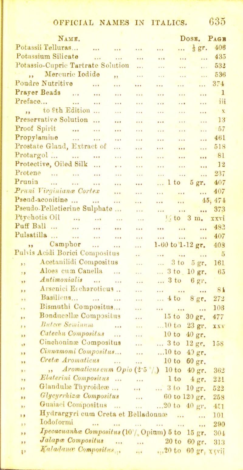 OFFICIAL NAMES IN ITALICS. G35 DOSB. Pass Potassii Telluras isr. 408 Potassium Silicate 435 Potassio-Ciiprie Tai-tratc Solutiou ... 532 ,, Merruri(_' Iodide ,, 536 Poadre Nutritive 374 Prayer Beads 1 Preface... iii ,, to Pth Edition X Preservative Solution 13 Proof Spirit 57 Propylamine ... 461 Prostate Gland, Kxtraet of 51S Protargol 81 Protective, Oiled Silk ... n Protene 337 Prunin ... 1 to 5 gr. 407 Priiiii Virohiianit Corlex 407 Psend-aconitine ... 15, 471 Pseudo-Pelletieriue Sulphate 373 Ptychotis Oil to 3 m. xxvi Puff Ball 48.1 Pulsatilla 407 ,, Camphor l-UO to 1-12 gr. 403 Pubis Acidi Borioi Compositus 5 ,, Aoetaiiilidi Compositus ... 3 (o a gr. 161 ,, Aloes cum Cauella ... 3 to 10 gr. 05 ,, Antimonialia ... 3 to 6 gr. ,, Arscnici E;charoticui 81 Basiliiiis ... 4 to 8 gr. 272 Bismuthi Compositus... 103 Bonducalloe Compositus 15 to 30 gr. 477 ,, Ilif/*''ff' St'iinnKlit .,, . . .10 to 23 gr. IX V ,, CitfecJni Composiiim 10 to 40 gr. ,, Cinohonina; Compositus ... 3 to 12 gr. 158 Ciiinamomi Composittm 10 to 40 gr. Cretd! Aromalicim 10 to 60 gr. ,, Aroma/.icui<cHm Opio (Vo'/) 10 to 40 gr. 362 Blaterini Compositus 1 to 4 gr. 221 OlanduUe TliyroidoiP :} lo 10 gr. 622 Gli/c;/rrln:ti! Composilus ... 60 to 120 gr. 258 Guaiai'i Compositus 20 to 40 gr. 4n Hy<lrargyri cum Creta et B(3lladoQua> 101 lodofornii ... 290 Ipecacuanha! CompoHifits (10 Opinm) 5 to 15 gr. 301 JalaprB Compositus 20 to 60 gr. 3] 3