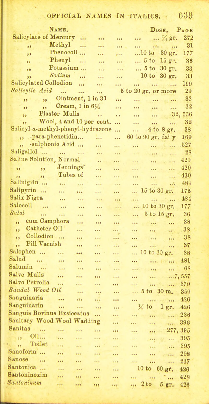Nahe. Salicylate of Mercury ,, Methyl ,, Pheaocoll „ Phenyl „ Potassium „ Sodium Salieylated Collodion SalioijUc Acid ,,, ,,, „ Ointment, 1 in 39 ,, ,, Cream, 1 in „ Plaster MuUa Wool, 4 and 10 per cent. Salicyl-a-methyl-phenyl-hydrazone ,, -para-phenetidin ,, -sulphonio Acid Saligallol Saliue Solution, Normal II II Jennings' ,, ,1 Tubes of Saliuigdn Salipyrin Salix Nigra Salocoll Sulol „ cum Camphora ,, Catheter Oil ,, Collodion ,, Pill Varnish Salophen Salud Salumin Salve Mulls , Salvo Petrolia Sandal Wood Oil Sanguinaria Sanguinarin Sanguis Bovinus Exsiccatus ... Sanitary Wood Wool Wadding Sanitas „ Oil • „ Toilet Sanoform Sanose Santonica Santoninoxim Saiifonimim > DoSB. VJlQB 'Agr. 272 31 10 to 30 gr. 177 5 to 15 gp. 38 5 to 30 gi-. 33 10 to 30 gr. 33 199 5 to 20 gr. or more 29 33 33 32, 556 32 4 to 8 gr. 38 . 60 to 90 gr. daily 169 527 28 ... 439 429 430 •. 48i ... 15 to 30 gr. 175 481 10 to 30 gr. 177 ... 5 to 15 gr. 36 38 38 38 37 ... 10 to 30 gr. 38 481 68 7,557 370 ... 5 to 30 m. 359 426 K to 1 gr. 426 236 396 277,395 395 ... 395 298 237 10 to 60 gt, 428 • ... 428 .,. 2 to 6 gr. 426