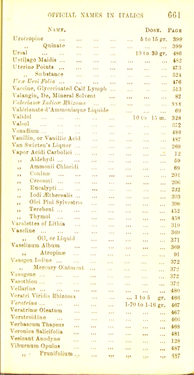 OFrrciAL N.urE« in italics 601 Urol I'opi lie „ Qninatc Ur-ial U»tilago Maidis L'teriae Points ,, Siibatanoe T'ciT Ursi Folia ... A'aceiue, Gljcerinated Calf Lynipli ... A'alangin, De, Mineral Solvent ViileriaiKf Iiulicif 2{li(;om,i. A'alerlanate d'AmraAiiiuquo Liqiiide A'alidol A-alsol A';inadiiim ... Vanillin, or Vanillic Acid Van Swicten's Liquor Vapor Acidi Carbolici ,, Aldehydi ,, Ammonii Chloridi Conin.i^ ,, C'reosoti ,, Eucalypti ,, lodi jEtherealis ,, Oloi Piui Sylvi'stns ,, Terebeni ,, Thymol \ ar.1lette3 of Litliia Vaaeline ,, Oil, or Liquid Vaselinum Albnm „ Atropinre \';i30gen Iodine ,, Mercury Olntni nit Vasogene Vasothiou ... A'ellarine V'cralri Viridis RliizoMci Verntrina ... Veratrinic Oleatura Vonitroidino ... Verbaacum Thapsus Veronica Salicifolia Vesicant Anodyne A'ibnrnam Opulua ,. • Prunifoliutn , DosB. Page ... 6tol5pr. 399 399 in io 30 gr. 486 4S2 473 52-t 176 513 82 SSI 69 10 to 1.5 m. 328 372 4S6 487 289 .-. 12 59 69 201 206 232 303 396 4.52 458 319 369 371 369 91 372 37-3 372 37-2 480 ... 1 to 5 gr. 466 1-70 to 1-16 gr. 467 467 406 488 481 128 487 •!• , in?