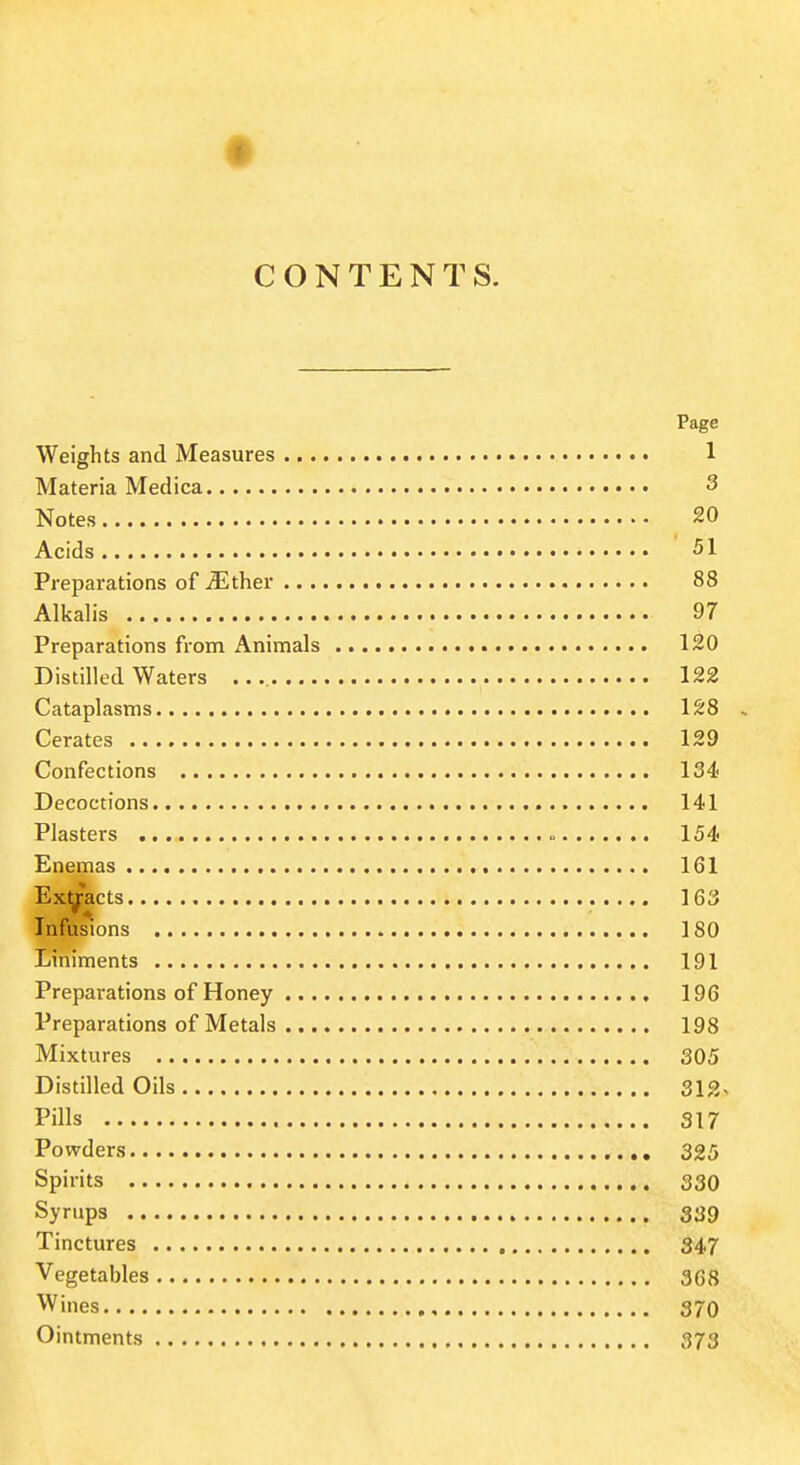 CONTENTS. Page Weights and Measures 1 Materia Medica 3 Notes 20 Acids 51 Preparations of ^ther 88 Alkalis 97 Preparations from Animals 120 Distilled Waters 122 Cataplasms l!^8 . Cerates 129 Confections 134 Decoctions 141 Plasters 154 Enemas 161 Exijracts 163 Infusions 180 Liniments 191 Preparations of Honey 196 Preparations of Metals 198 Mixtures 305 Distilled Oils 312^ Pills 317 Powders 325 Spirits , 330 Syrups 339 Tinctures 347 Vegetables 368 Wines 370 Ointments 373