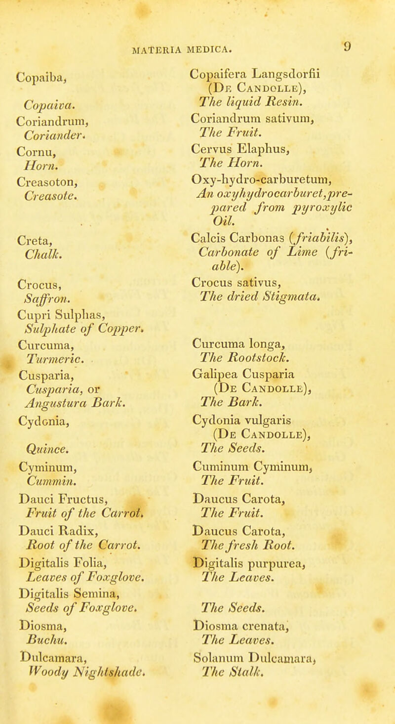 Copaiba, Copaiva. Coriandrum, Coriander- Cornu, Horn. Creasoton, Creasote. Creta, Chalk. Crocus, Saffron. Cupri Sulphas, Sulphate of Copper, Curcuma, Ttirmeric. Cusparia, Ctisparia, or Ayigustura Bark. Cydonia, Quince. Cyminum, Cummin. Dauci Fructus, Fruit of the Carrot, Dauci Radix, Root of the Carrot. Digitalis Folia, Leaves of Foxglove. Digitalis Semina, Seeds of Foxglove. Diosma, Buchu. Dulcamara, Woody Nightshade. MEDICA. '9 Copaifera Langsdorfii (De Candolle), The liquid Resin. Coriandrum sativum. The Fruit. Cervus Elaphus, The Horn. Oxy-hydro-carbvu'etum, An oxyhydrocarbiiret,pre- pared from pyroxylic Oil. Calcis Carbonas (friabilis)^ Carbonate of Lime (fri- able). Crocus sativus. The dried Stigmata, Curcuma longa. The Rootstock. Galipea Cusparia (De Candolle), The Bark. Cydonia vulgaris (De Candolle), The Seeds. Cuminum Cyminum, The Fruit. Daucus Carota, The Fruit. Daucus Carota, The fresh Root. Digitalis purpurea. The Leaves. The Seeds. Diosma crenata. The Leaves. Solanum Dulcamara, The Stalk. >