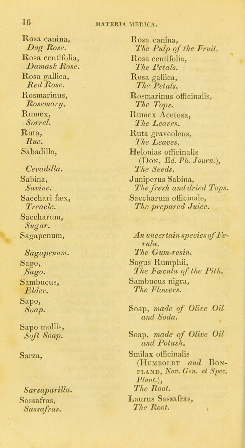 Rosa canina, Dog Rose. Rosa centifolia, Damasli Rose. Rosa gallica, Red Rose. Rosmai'inus, Rosemary, Rum ex, Sorrel. Ruta, Rue. Sabadilla, Cevadilla. Sabina, Savine. Sacchari fex, Treacle. Saccharum, Sugar. Sagapenum, Sagapenum. Sago, Sago. Sambucus, Elder. Sapo, Soap. Sapo mollis, Soft Soap. Sarza, Sarsaparilla. Sassafras, Sassafras. MATERIA MEDICA. Rosa canina, The Pulp of Ihe Fruit. Rosa centifolia, The Petals. Rosa gallica, The Petals. Rosmarinus officinalis. The Tops. Rumex Acetosa, The Leaves. Ruta graveolens. The Leaves. Helonias officinalis (Don, Ed. Ph. Journ.), The Seeds. Juniperus Sabina, The fresh and dried Tops. Saccharum officinale. The prepared Juice. A71 uncertain species of Fe- rula. The Gum-resin. Sagus Rumphii, The FcBcula of the Pith. Sambucus nigra. The Flowers. Soap, made of Olive Oil and Soda. Soap, 77?ade of Olive Oil and Potash. Smilax officinalis (Humboldt and Bon- PLAND, Nov. Gen. ei Spec. Plant.), The Roof. Laurus Sassafras, IVie Roof. ,