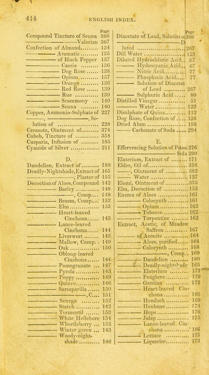 Page Compound Tincture of Senna 366 Valerian 367 Confection of Almond 134 ■ Aromatic 135 of Black Pepper 137 — Cassia 136 Dog Rose 138 Opium 137 • Orange 136 '■ Red Rose 139 Rue 139 Scammony ... 140 Senna 140 Copper, Ammonio-Sulphate of 227 , .So- lution of 228 Creasote, Ointment of. 374 Cubeb, Tincture of 358 Cusparia, Infusion of 185 Cyanide of Silver 211 D. Dandelion, Extract of 180 Deadly-Nightshade, Extract of 165 • , Plaster of 155 Decoction of Aloes, Compound 142 Barley 148 , Comp.... 148 Broom, Comp.... 152 Elm 153 Heart-leaved Cinchona 143 Lance-leaved Cinchona 144 • Liverwort 143 Mallow, Comp.. 149 Oak 150 Oblong-leaved Cinchona 144 Pomegi-anate ... 147 Pyrola ........j-.V. 143. Poppy ........Vi.. 149 Quince 146 Sarsa])arilla 150 ,C.... 151 Senega 152 Starch 142 —— Tormcntil 153 White Hellebore 154 Whortleberry ... 153 Winter green ... 143 Woody-night- shade 146 Diacetate of Lead, Solution o: D[ luted Dill Water Diluted Hydrochloric Acid.. Hydrocyanic Acid Nitric Acid Phosphoric Acid.. Solution of Diacelat of Lead 267 Sulphuric Acid 80 Distilled Vinegar 51 Water 122 Page 266 267 123 67 67 77 77 Disulphate of Quina 112 Dog Rose, Confection of.],.., 138 Dried Alum 198 Carbonate of Soda 294 E. Effervescing Solution of Pctas'i276 Soda 299 Elaterium, Extract of 171 Elder, Oil of. ,...316 , Ointment of 382 •'- Water 127 Elemi, Ointment of 375 Elm, IDecoction of 153 Enema of Aloes 161 Colocynth 161 Opium 162 Tobacco 162 Turpentine 162 Extract, Acetic, of Meadow .'Saffron 167 of Aconite 164 T-Aloes, purified 164 ^ Colocynth 168 ^ '. , Comp.. 169 X— Dandelion 180 — 'i— Deadly-nigb^«bade 165 Elaterium —....... 171' Foxglove 170 Gentian 172 Heart-leaved Cin- chona 166 Hemlock 169 Henbane 1 74 Hops 176 Jalap 175 ' Lancc-leaved Cin- chona  166 Lettuce 175 Liquorice 173