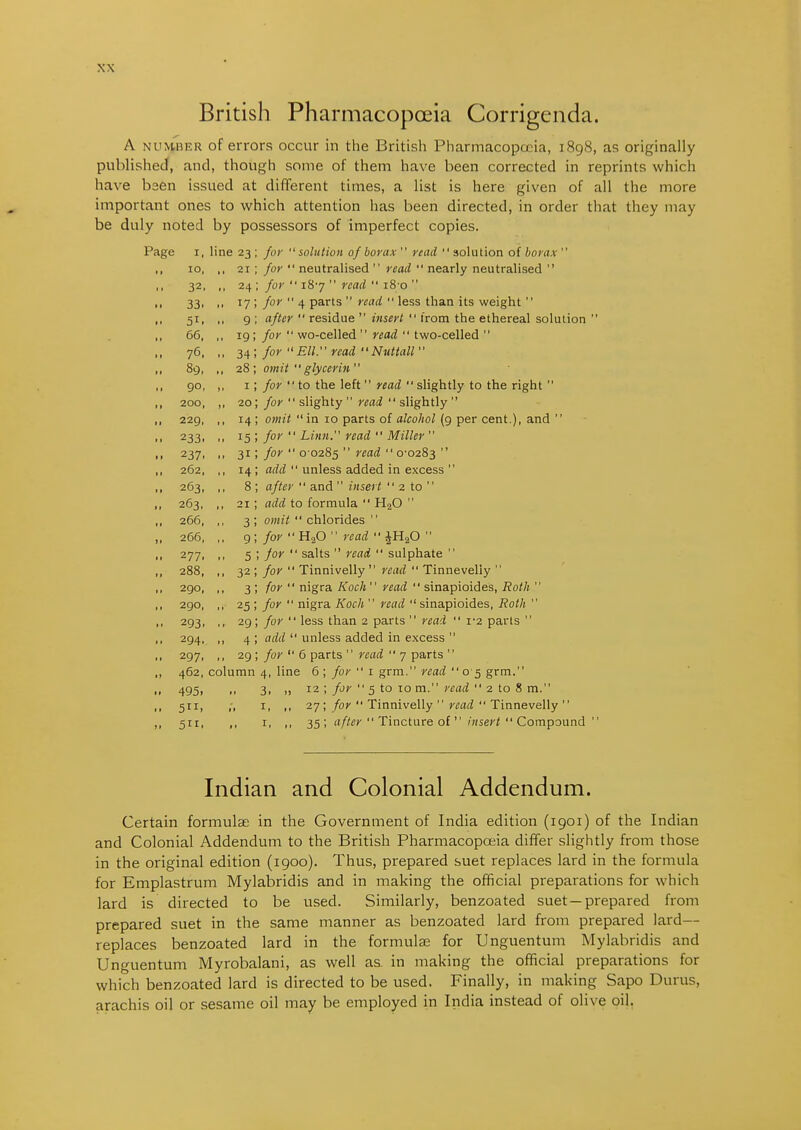 British Pharmacopoeia Corrigenda. A NUMBER of errors occur in the British Pharmacopoeia, 1898, as originally published, and, though some of them have been corrected in reprints which have bsen issued at different times, a list is here given of all the more important ones to which attention has been directed, in order that they may be duly noted by possessors of imperfect copies. Page I , line 23 yb/' '^solution of boviix *' vtad solution of bovcix  • 1 10, 1. 21 fo7' *' neutralised  vcud ** nearly neutralised '* 1 > ., 24 , JOV 10 7 rCull 10 0 11 33 • ■ • 17 JUi ^ Uc&L La rCUti' ICbb Lija.ll ILb WClgilL 1 t M 9 liji/t/f ICblLlLlC bUol^f* liUlil LLIC CLilClCdi bUlUlKJIl 11 uu, .. 191 JUr WU~L-CllCLi tCUilf, L W vJ~t^CliCLl 1 t ■ • 34 inv '* T^ll  vpn/1  Milffnil  JUr MJlit. fCUiC ly Ht'l/Uvk 80 oy, 28; omit  f^lvcpyitt  yu, T inv *' \c\ tVif* l^^ft  VPHff *' <?lio'}iflv fn tViP riahf  J\J 1 \.\J L LXC Id L r Clttt' oilg LI LI y \.\J LUC 1 Ig Li L 1 P 200, ,, 20 /C/r bUgllLy r VUll a 1 ifcj 11L1 y 11 T A /iiuif '*in TO narh<5 of /ilr.ohnJ. (c\ npr ppnf \ anH ** VUll't' 111 -LKJ L/ul, La UJ. ly L't'l. I^C11L./| CVllU 1 1 233. .. 15 /or  Linn. read  Miller  1 t 237. 31 for  0 0285  ^^^^  0-0283  11 262, .. 14 add  unless added in excess  11 263, ,, 8 after  and  insert  2 to  11 263, ., 21 add to formula  H2O  1 f 266. 3 omit  chlorides '' )l 266, .. 9 for H2O  read  IHgO  11 277. 5 ; for  salts  read  sulphate  11 288, .. 32 for  Tinnivelly  read  Tinneveliy  ) 1 290, 3 for  nigra Koch read  sinapioides, Roth  290, .. 25 for  nigra Koch read sinapioides, Roth  293. ., 29 for  less than 2 parts  read  rz par Is  294. 4 add  unless added in excess  11 297» ,. 29 for  6 parts  read  7 parts  M 462, column 4, line 6 ; /of  i grm. read *' 0 5 grm, 11 1 t 495, 11 3, „ 12 ; for  5 to TO m. read  2 to 8 m. I, ,, 27 ; for  Tinnivelly  read  Tinneveliy  J* 511. t I ii II 35;  Tincture of  //(ser/ Compound Indian and Colonial Addendum. Certain formulae in the Government of India edition (1901) of the Indian and Colonial Addendum to the British Pharmacopoeia differ slightly from those in the original edition (1900). Thus, prepared suet replaces lard in the formula for Emplastrum Mylabridis and in making the official preparations for which lard is directed to be used. Similarly, benzoated suet —prepared from prepared suet in the same manner as benzoated lard from prepared lard— replaces benzoated lard in the formulas for Unguentum Mylabridis and Unguentum Myrobalani, as well aa in making the official preparations for which benzoated lard is directed to be used. Finally, in making Sapo Durus, arachis oil or sesame oil may be employed in India instead of olive oil.