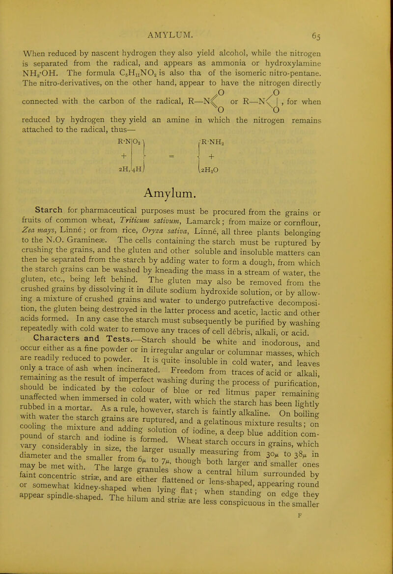 When reduced by nascent hydrogen they also yield alcohol, while the nitrogen is separated from the radical, and appears as ammonia or hydroxylamine NHa'OH. The formula CaHnNOa is also tha of the isomeric nitro-pentane. The nitro-derivatives, on the other hand, appear to have the nitrogen directly O O connected with the carbon of the radical, R—or R—■'^\^' when reduced by hydrogen they yield an amine in which the nitrogen remains attached to the radical, thus— R-NjOa + ' 2H, 4Hj •R-NHa + Amyl um. Starch for pharmaceutical purposes must be procured from the grains or fruits of common wheat, Tnticum sativum, Lamarck; from maize or cornflour, Zea mays, Linne ; or from rice, Oryza sativa, Linne, all three plants belonging to the N.O. Graminese. The cells containing the starch must be ruptured by crushing the grains, and the gluten and other soluble and insoluble matters can then be separated from the starch by adding water to form a dough, from which the starch grains can be washed by kneading the mass in a stream of water the gluten, etc., being left behind. The gluten may also be removed from' the crushed grams by dissolvmg it in dilute sodium hydroxide solution, or by allow- mg a mixture of crushed grains and water to undergo putrefactive decomposi- tion, the gluten being destroyed in the latter process and acetic, lactic and other acids formed. In any case the starch must subsequently be purified by washincr repeatedly with cold water to remove any traces of cell debris, alkali, or acid Characters and Tests.-Starch should be white and inodorous, and occur either as a fine powder or in irregular angular or columnar masses, which are readily reduced to powder. It is quite insoluble in cold water, and leaves only a trace of ash when incinerated. Freedom from traces of acid or alkali, remaining as the result of imperfect washing during the process of purification unal t H 'f' '^^ °' '^^ °^ lit-us paper^emaining unaflFected when immersed m cold water, with which the starch has been lighti; maybe met with Th! 1 Z'^' and smaller ones faiYt conTentrk s'tri J ani^' ^'^ ^ ' ^^'^^ ^^^^^ surrounded by or someXt ki S^^^^^^^^^^ - f-haped, appearing rounJ appear spindle-shaped. T^e hUu^and sf^^^^^^ T'''^^ ° '^^^ ^^^^ V -L ne nuum and striae are less conspicuous in the smaller F