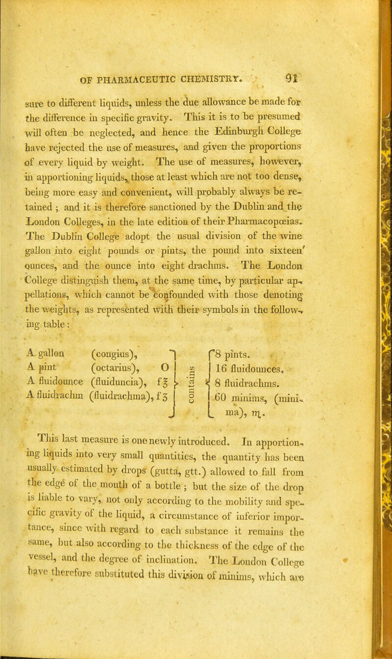 sure to different liquids, unless the due allowance be made for the difference in specific gravity. This it is to be presumed wUl often be neglected, and hence the Edinburgh College have rejected the use of measures, and given the proportions of every liquid by weight. The use of measures, however, in apportioning liquids,^ those at least which are not too dense, beuig more easy aud convenient, will probably always be re- tained ; and it is therefore sanctioned by the Dublin and th^ London Colleges, in the late edition of their Pharmacopoeias. The Dublin College adopt the usual division of the wine gallon into eight pomids or pints, the pound into sixteen' ounces, and tlie ounce into eight drachms. The Liondon College distingiiish them, at the same time, by particular ap-. pellations, which camiot be co-founded with those denoting the weights, as represented with their symbols in the follow., ing table; ^8 pints, 16 fluidounces, 8 fluidracluns. 60 minims, (mini^ ^ ma), tri. A gallon (congius), A pint (octarius), O I <^ A fluidounce (fluiduncia), f^ [► J * A fluidiachm (fluidx-achma), fsj § This last measure is one newly introduced. In apportion, ing Uquids into very small quantities, the quantity has been usuaUy estimated by drops (gutta, gtt.) allowed to fall from the edge of the mouth of a bottle ; but the size of the drop is liable to vary, not only according to the mobility and spe- cific gravity of the liquid, a circumstance of inferior impor- tance, smce ^vith regard to each siilistance it remains the same, but also according to the thickness of the edge of the vessel, and the degi-ee of inclination. The London College have therefore substituted this divi;5ion of miuims, which are