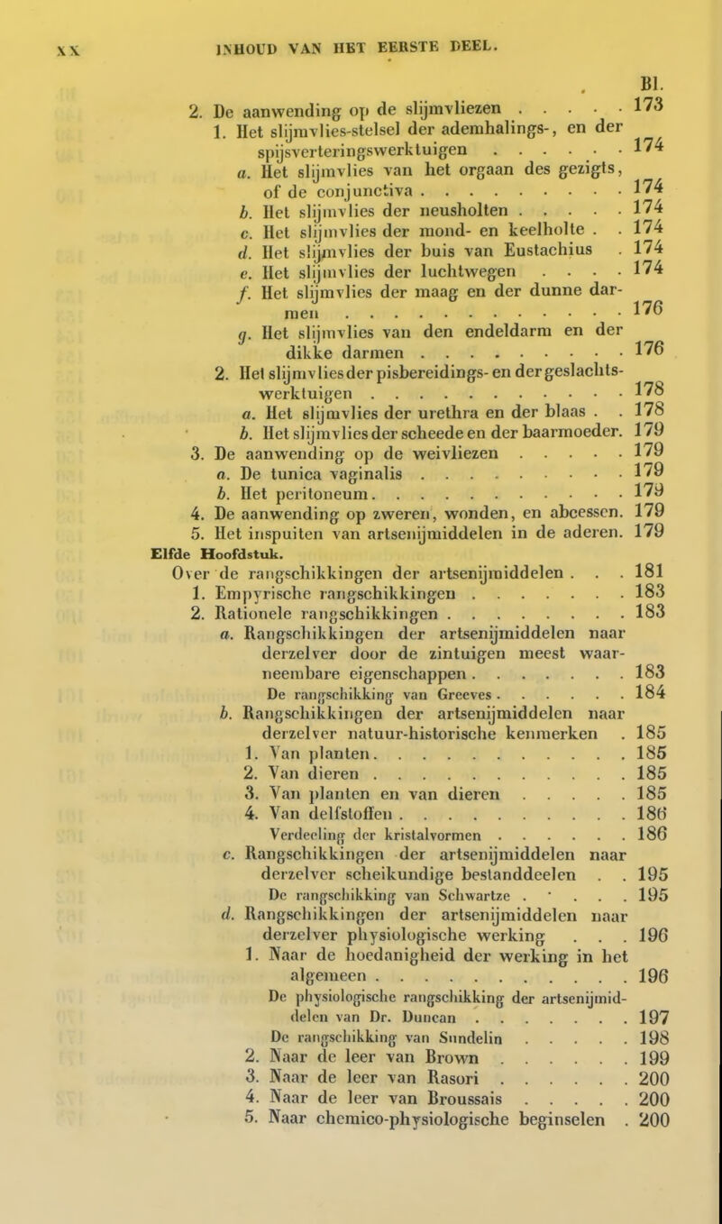 BI. 2. De aanwending op de slijmvliezen 173 1. Het slijmvlies-stelsel der ademhalings-, en der spijsverteringswerktuigen ...... 174 a. Het slijmvlies van het orgaan des gezigts, of de corijunctiva 174 b. Het slijmvlies der neusholten 174 c. Het slijmvlies der mond- en keelholte . . 174 d. Het slijmvlies der buis van Eustachius 174 c. Het slijmvlies der luchtwegen .... 174 ƒ. Het slijmvlies der maag en der dunne dar- men 176 g. Het slijmvlies van den endeldarm en der dikke darmen 176 2. Hel slij mv lies der pisbereidings- en der geslachts- werktuigen 178 0. Het slijmvlies der urethra en der blaas . . 178 b. Het slijmvlies der scheedeen der baarmoeder. 179 3. De aanwending op de weivliezen 179 ft. De tunica vaginalis 179 b. Het peritoneum 179 4. De aanwending op zweren, wonden, en abcessen. 179 5. Het inspuiten van artsenijmiddelen in de aderen. 179 Elfde Hoofdstuk. Over de rangschikkingen der ai'tsenijmiddelen . . . 181 1. Empyrische rangschikkingen . . . .... 183 2. Rationele rangschikkingen 183 a. Rangschikkingen der artsenijmiddelen naar derzei ver door de zintuigen meest waar- neembare eigenschappen 183 De raufyschikking' van Grecves 184 b. Rangschikkingen der artsenijmiddelen naar derzelver natuur-historische kenmerken . 185 1. Van planten 185 2. Van dieren 185 3. Van planten en van diereu 185 4. Van delfstoffen 186 Verdeclinfj der kristalvormen 186 c. Rangschikkingen der artsenijmiddelen naar derzelver scheikundige beslanddeelen .195 De rangschikking van Schwartze . * . . . 195 d. Rangschikkingen der artsenijmiddelen naar derzelver physiologische werking . . .196 1. Naar de hoedanigheid der werking in het algemeen 196 De physiologische rangschikking der artsenijmid- delen van Dr. Duncan 197 De ratigschikking van Sundelin 198 2. Naar de leer van Brown 199 3. Naar de leer van Rasori 200 4. Naar de leer van Broussais 200 5. Naar chemico-physiologische beginselen . 200