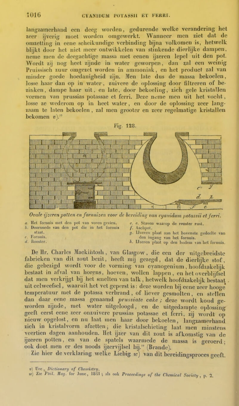 CYANlüUM PüTASSll ET FEftKI. lantjzainerhand een dee^j worden, gedurende welke verandering het zeer ijverig moet worden omgewerkt. Wanneer nicn ziet dat de omzetting in eene scheikundige verbinding bijna volkomen is, hetwelk blijkt door het niet meer ontwikkelen van stinkende dierlijke dampen, neme men de deegachtige massa met eenen ijzeren lepel uit den pot. Wordt zij nog heet zijnde in water geworpen, dan zal een weinig Pruissisch zuur omgezet worden in ammoniak, en het product zal van minder goede hoedanigheid zijn. 3Ien late dus de massa bekoelen, losse haar dan op in water, zuivere de oplossing door filtreren of be- zinken, dampe haar uit. en late, door bekoeling, zich gele kristallen vormen van ])russias potassae et ferri. Deze nc^me men uit het vocht, losse ze wederom op in heet water, en door de oplossing zeer lang- zaam te laten bekoelen , zal men grooter en zeer regelmatige kristallen bekomen v). FÏQ. 128. Ovale ijzeren potten en fornuizen voor de bereiding van cyatiidum /wtassii etjerri. n. lict fouiiiis met di-ii pot vaii voren gcr-icn. c. e. Slaven waaiop de rooster nisl. b. Doorsnede van den pot die in fict lornuis /. Asclipol. stnat. ff. IJzeren plaat aan het bovenste {jedeclle van r. Fornuis, , den iuffaiij; van het fornuis. tl. Rooster. h. IJzeren plaat op den bodem van het fornuis. De Hr. Charles Mackiiitosh, van Glasgow , die een der uitgebreidste fabrieken van dit zout bezit, heeft mij gezegd, dat de dierlijke slof, die gebezigd wordt voor de vorming van cyanogenium, hoofdzakelijk beslaat in afval van horens, hoeven, wollen lappen, en het overblijfsel dat men verkrijgt bij het smelten van talk , hetwelk hoofdzakelijk bestaat uit celweefsel, waaruit het vet geperst is: deze worden bij eene zeer hooge* temperatuur met de potassa verbrand, of liever gesmolten, en stellen dan daar eene massa genaamd pnissiate cake ; deze wordt koud ge- worden zijnde, met water uitgeloogd, en de uitgedample oplossing geeft eerst eene zeer onzuivere prussias y)otassae et ferri, zij wordt op nieuw oy)gelost, en nu laat men haar door bekoelen, langzamerhand zich in kristalvorm afzetten, die kristalschieting laat men minstens veertien dagen aanhouden. Het ijzer van dit zout is afkomstig van de ijzeren polten, en van de spatels waarmede de massa is geroerd • ook doet men er des noods ijzervijlsel bij. (Brande). ' Zie hier de verklaring welke Liebig ?c) van dit bereidingsproces geeft. v] Ure , Dictionary of Chemistri/.