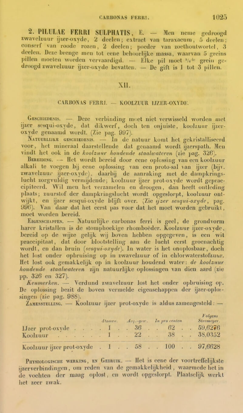 2. PILULAE FERUl SüLPIIATIS, E. ~ Men neme {jedioofid zwavelzuur ijter-oxydc, 2 deelen; extract van taraxacum, 5 deelen; conserf van roude rozen, 2 deelen; poeder van zoetlioulwortel, deelen. Deze brenge men lot eene behoorlijke massa, waarvan 5 {>reins pillen moeien worden vervaardigd. — Elke jiil moet grein ge- droogd zwavelzuur ijzer-oxyde bevatten. — De gift is 1 tot 3 pillen. Xll. CARBON VS PERRI. — KOOLZUUR 1.J7.ER-0XYDE. Gesciuede.ms. — Deze verbinding meet niet verwisseld worden met ijzer sesqui-oxyde, dat dikwerf, doch ten onjuiste, koohuiir ijzer- oxyde genaamd wordt. (Zie pag. 907). Natuurlijke gesciiiedeïsis. — In de natuur komt hel g-ckrislalliseeid voor, het mineraal daarslellende dat genaamd wordt ijzerspath. Men vindt het ook in de koolzuur houdende staalwatcrcn (zie jjag. 326). Bereiding. - - Het wordt bereid door eene oplossing- van een koolzuur alkali te voegen bij eene oplossing van een proto-sal \an ijzer (bijv. zwavelzuur ijzer-oxyde). daarbij de aanraking met de dampkrings- lucht zorgvuldig- vermijdende; koolzuur ijzer piot-oxyde wordt gcj)rae- cipileeid. Wil men het veizamelcn en dioogen, dan heeft (jnlleding- plaats; zuurstof der dampkiingslueht wordt opgeslorpt, koolzuur ont- wijkt, en ijzer sesqui-oxyde blijft over. (Zie ijzer sesqni-oxyde, pag. 996'). Van daar dat het eerst pas voor dat het moet worden gebruikl, moet worden bereid. EiGEfiscHAi'i'EM. — Natuurlijke earbonas ferri is geel, de grondvorm harer kristallen is de stomphoekige rhomboëder. Koolzuur ijzer-oxyde, bereid op de wijze gelijk wij boven hebben opgegeven, is een wit praecipitaal, dat door blootstelling: aan de lucht eerst groenachtig: wordt, en dan bruin {sesqui-oxydc). In water is het ono[)losbaar, doch het lost onder opbruising op in zwavelzuur of in chlorwaterstofzuur. Het lost ook gemakkelijk op in koolzuur houdend water: de koolzuur houdende staaltcatercn zijn natuurlijke oj)lossingen van dien aard (zie pp. 326 en 327). Kenmerken. — Verdund zwavelzuur lost het onder opbruising; op. De oplossing: bezit de boven vermelde eigenschappen der ijzer-oph»- singen (zie pag. 988). ZAMENSTELLiftü. — Koolzuur ijzcr prot-oxyde is aldus zamengcsteld: — ■■ItoiiiPn. IJzer prot-oxyde .... 1 . Koolzuur I Koolzuur ijzcr prot-oxyde . 1 . f olijens Aeij.-ijriv. hl pro rrnlen Slroiiiftycr. . 36 . . 62 . . 59,6276 . 22 . . 38 . . 38.0352 . 68 .. 100 . . 97,6628 PuYSioLOGiscuE -WERKING, E?f Gebruik. — Ilct is ccnc dcr voortreflelijksle ijzerveibindingen, om reden van de gemakkelijkheid, waarm(?de het in de vochten der maag oplost, en wordt opgeslorpt. Plaatselijk werkt het zeer zwak.
