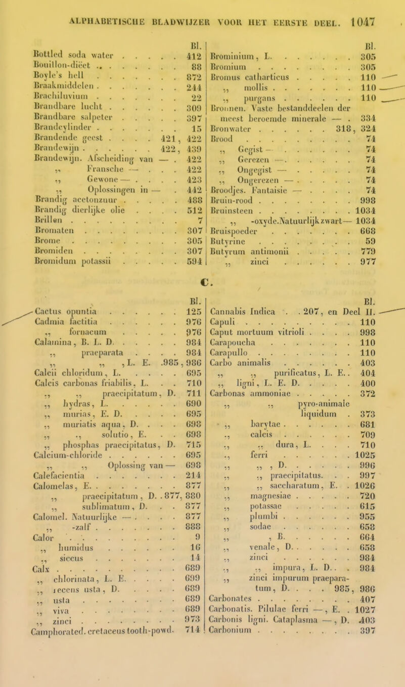BI. Bottlod süila water 412 Bouilloii-cliöot 88 Boylo's lu'll 872 Braakmulcloleii 244 Bracliiluviiiiii 22 Braii(ll)aie luolit 30») Braiulljare salpeter 397 Brandcyliiuler 15 Braiuleiuli' [rcost .... 421 , 422 Braiulowijn 422, 43!) Brandewijn. Alsclicidlnjj van — . 422 V Fransche — ... 422 „ Gewone — .... 423 ,, Oplossingen in — . 442 Brandi[j acetonznnr 488 Braiuli^j- dierlijke olie .... 512 BrilUn 7 Broniaten 307 Broine 305 Bromiden 307 Broiniduni potassii 594 BI. Bromininni, L 305 Broniinni 305 Bron)us catliarticus 110 ,, mollis 110 ., pnrgans 110 Bronnen. Vaste bestanddeelen der meest beroemde minerale — . 334 Bronwater 318, 324 Brood 74 „ Ge{jist - 74 ,, Gerezen — 74 On{ie{>ist — 74 ,, Oiijjere/en — 74 Broodjes, l'antaisie — .... 74 Bruin-rood 998 Bruinsteen 1034 ,, -oxyde.Natuurlijk zwart— 1034 Bruispoeder 668 Butyrinc 59 Butyrum antimonii 779 ziiici 977 c. •Cactus opuntia Cadmia factitia ,, fornacnm Calamina, B. L. D praeparata .... ,, , L. E. .985, Calcii cliloridum , L Galeis carbonas liiabilis. L. ., ., praecipitatum, D. hydras, I ,, ninrias, E. D ,, muriatis aqua, D. . . . ,, ., sointio, E. pliosphas praecipitatus, D. Calcium-cbloride ,, ,, Oplossing van — Calef'acicntia Calomelas, E ,, praecipitatum , D. . 877, sublimatum, D. . . Calomcl. Natuurlijke •— .... ,, -zalf Calor ,, liumidus siccus BI. 125 076 976 984 984 986 695 710 711 690 695 698 698 Cal.\ ., clilorinata, L. E. ,, leccns nsta , D. •■■) usfa viva zinci Campliorated. eretaceus toolli-powd. 698 214 877 880 877 877 888 9 16 14 689 6<)9 68f) 689 689 973 714 Cannabis Indica Capuli Caput mortuum vitrioli Carapoucha Carapidlo .... Carbo animalis BI. . 207, en Deel IJ. 110 ... 998 ... 110 ... 110 ... 403 „ ,, purificatus, L. E.. 404 „ ligni, l. E. D 400 Carbonas ammoniac 372 ,, ., pyro-animale liquidum . 373 ,, barytac 681 calcis 709 ,, dura, 1 710 fcrri 1025 , D 996 praecipitatus. . 997 saccbaratum, E. . 1026 . ^ . . 720 .... 615 .... 955 .... 658 .... 664 .... 658 ... 984 ., ., impura, I,. D.. . 984 ,, zinci impurum praepara- tnm, D. . . . 985, 986 Carbonates 407 Carbonatis. Pilulae ferri —, E. . 1027 Carbonis ligni. Cataplasma — , D. 403 Carboninni 397 :■> • 1 •,i ',•) •,i •.i it ;•> •ii •,1 •li ;•> magnesiae potassae plumbi . sodac , B. venalc, D zinci
