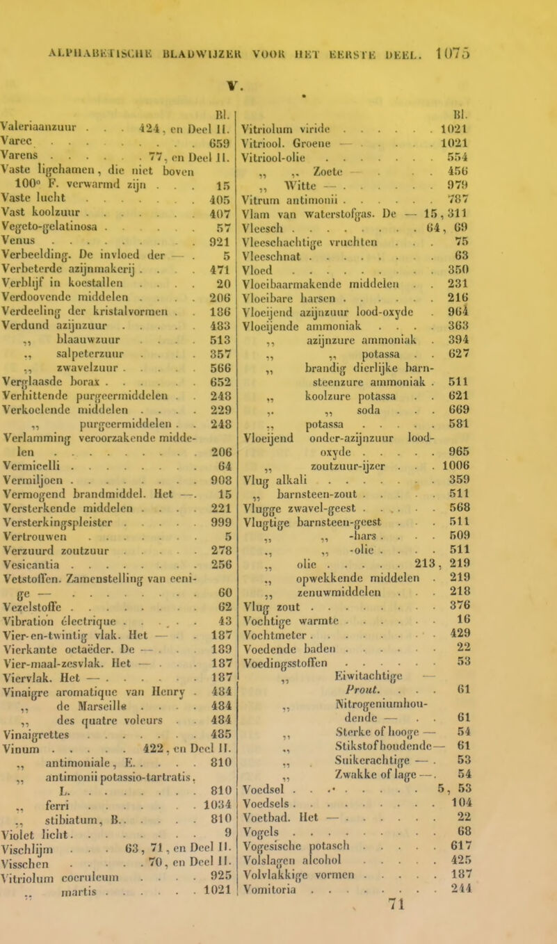 BI. Valeriaanzuur . 424, en Deel II. Varec ... (J59 Varens 77, en Deel II. Vaste lijjchameu, die niet boven 100» F. verwarmd zijn ... 15 Vaste Inclit 405 Vast koolzuur 407 Vejjcto-gelalinosa . • . 57 Venus 921 Verbeelding. De invloed der — . 5 Verbeterde azijnniakcrij ... 471 Verblijf in koestallen .... 20 Verdoovcnde middelen .... 206 Verdeeling der kristalvormen . 186 Verdund azijnzuur 483 blaauwzuur 513 ., salpeterzuur ... 357 ,, zwavelzuur 566 Verglaasde borax 652 Verhittende purgeermiddelen 248 Verkoelende middelen .... 229 purgeermiddelen . . 248 Verlamming veroorzakende midde- len 206 Vermicelli 64 Vermiljoen 908 Vermogend brandmiddel. Het —. 15 Versterkende middelen .... 221 Versterkingspleistcr 999 Vertrouwen 5 Verzuurd zoutzuur 278 Vesicantia 256 Vetstoffen. Zamenstelling van ceni- ge — 60 Vezelstoffe 62 Vibration clectrique .... 43 Vier-en-twintig vlak. Het 187 Vierkante octaëder. De - 189 Vier-niaal-zesvlak. Het - . . 187 Vicrvlak. Het — 187 Vinaigre aromatiquc van Ilcnry . 484 ,, de Marseille .... 484 ,, des fjualre voleurs 484 Vinaigrettes 485 Vinum 422, t!n Deel IF. ,, antimoniale, K 810 „ antimonii potassio-tartratis. L .810 ferri • 1034 stibiatum, B 810 Violet licht 9 Vischlijm . 63, 71, en Deel li. Visschen 70, en Deel II. A itriolum cocruleum ... 925 martis 1021 BI. Vitriolum viride 1021 Vitriool. Groene 1021 Vitriool-olie 554 „ Zoete 456 „ AVitte - 979 Vitrum antimonii 787 Vlam van waterstofgas. De — 15,311 Vleesch 64, 69 Vleeschachtige vruchten ... 75 Vleeschnat 63 Vloed 350 Vloeibaarmakcnde middelen 231 Vloeibare harsen 216 Vloeijend azijnzuur lood-oxyde 964 Vloeijende ammoniak .... 363 ,, azijnzure ammoniak 394 ,, ,, potassa 627 ,, brandig dierlijke barn- steenzure anunoniak . 511 „ koolzure potassa 621 ,. „ soda 669 potassa 581 Vloeijend onder-azijnzuur lood- oxyde 965 ,, zoutzuur-ijzer . 1006 Vlug alkali 359 „ barnsteen-zout 511 Vlugge zwavel-geest 568 Vlugtige barnsteen-geest . 511 ,, ,, -hars .... 509 ., ,, -olie .... 511 olie 213, 219 ., opwekkende middelen 219 ,, zenuwmiddelcn 218 Vlug zout 376 Vochtige warmte 16 Vochtmeter ^29 Voedende baden 22 Voeding-sstoffen 53 Eiwilachtige Prout. ... 61 Nitrogcniumhou- dende — 61 Sterke of hooge— 54 Stikstof houdende— 61 Suikerachtige — . 53 ,, Zwakke of lage —. 54 Voedsel . . 5, 53 Vocdsels 104 Voetbad. Het — 22 Vogels 68 Vogesische pota.sch 617 Volslagen alcohol 425 Volvlakkige vormen 187 Vomitoria 244 71
