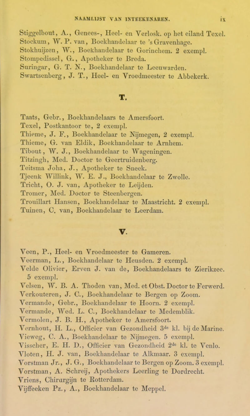 Stiggelbout, A., Genees-, Heel- en Verlosk. op het eiland Texel. Stockum, W. P. van, Bockhandelaar te 's Gravenhage. Stokhnijzen, W., Boekhandelaar te Gorinchem. 2 exempl. Stompedissel, G., Apotheker te Breda. Snringar, G. T. N., Boekhandelaar te Leeuwarden. Swartsenberg, J. T., Heel- en Vroedmeester te Abbekerk. T. Taats, Gebr., Boekhandelaars te Amersfoort. Texel, Postkantoor te, 2 exempl. Thieme, J. F., Bockhandelaar te Nijmegen, 2 exempl. Thieme, G. van Eldik, Boekhandelaar te Arnhem. Tibont, W. J., Boekhandelaar te Wageningen. Titzingh, Med. Doctor te Geertruidenberg. Teitsma Joha, J., Apotheker te Sneek. Tjeenk Willink, W. E. J., Boekhandelaar te Zwolle. Tricht, O. J. van, Apotheker te Leijden. Tromcr, Med. Doctor te Steenbergen. Tronillart Hansen, Boekhandelaar te Maastricht. 2 exempl. Tuinen, C. van, Boekhandelaar te Leerdam. V. Veen, P., Heel- en Vroedmeester te Gameren. Veerman, L., Boekhandelaar te Heusden. 2 exempl. Velde Olivier, Erven J. van de, Boekhandelaars te Zierikzec. 5 exempl. Velsen, W. B. A. Thoden van, Med. et Obst. Doctor te Ferwerd. Verkouteren, J. C, Boekhandelaar te Bergen op Zoom. Vermande, Gebr., Boekhandelaar te Hoorn. 2 exempl. Vermande, \Ved. L. C, Boekhandelaar te Medemblik. Vermolen, J. B. H., Apotheker te Amersfoort. Vernhout, H. L., Officier van Gezondheid 3de kl. bij de Marine. Vieweg, C. A., Boekhandelaar te Nijmegen. 5 exempl. Visscher, E. H. D., Officier van Gezondheid 2dc kl. te Venlo. Vloten, H. J. van, Boekhandelaar te Alkmaar. 3 exempl. Vorstman Jr., J. G., Boekhandelaar te Bergen op Zoom. 3 exempl. Vorstman, A. Schreij, Apothekers Leerling te Dordrecht. Vriens, Chirurgijn te Kotterdam. VijfFeeken Pz., A., Boekhandelaar te Meppel.