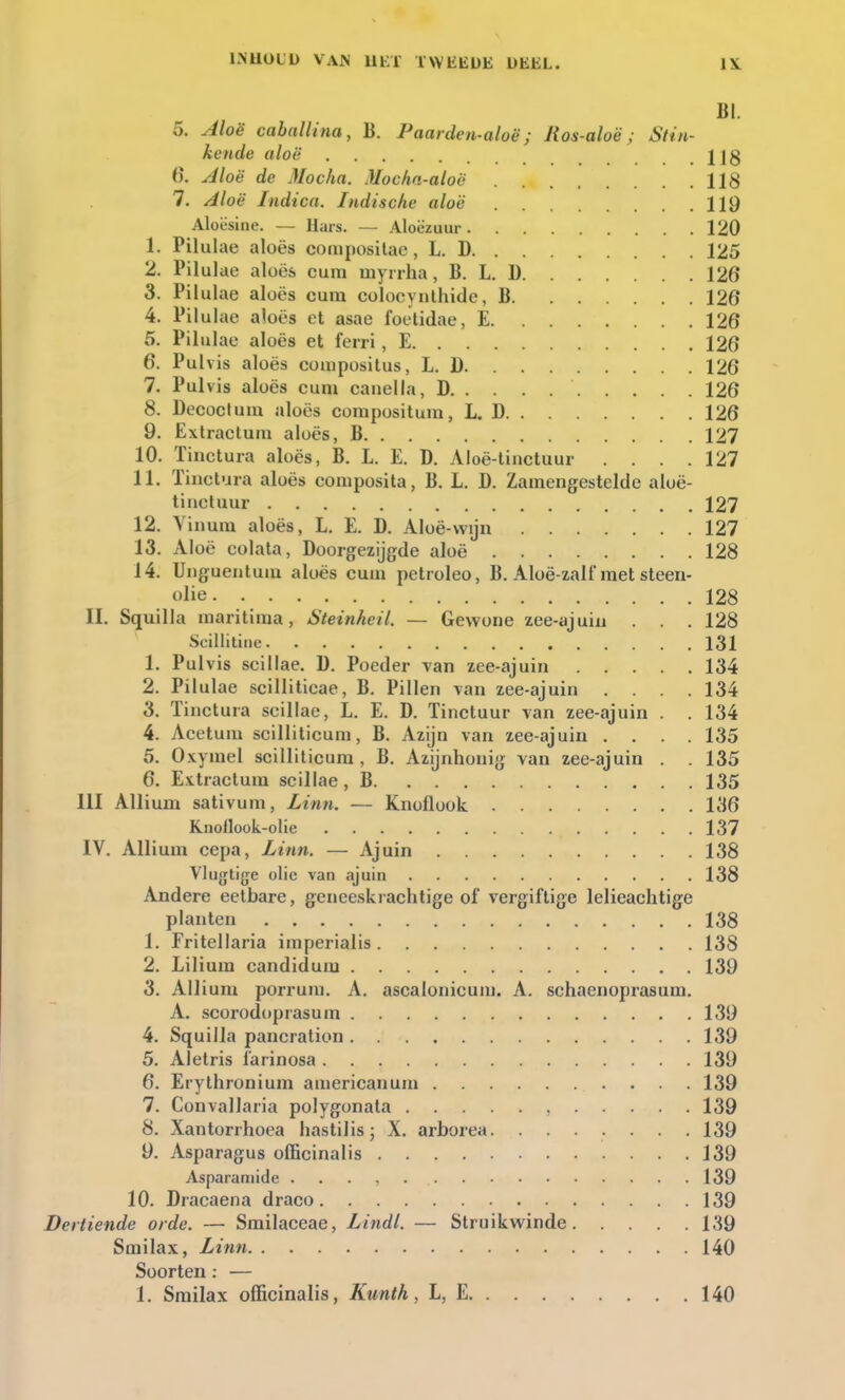 BI. 5. Aloë caballina, B. P aar den-aloë; Ros-aloë; Stin- kende aloë Hg 6. Aloë de Mocha. Mochn-aloë 118 7. Aloë Indica. Indische aloë 119 Aloësine. — Hars. — Aloëzuur 120 1. Pilulae aloës compositae, L. D 125 2. Pilulae aloës cura rnyrrha, B. L. 1) 126 3. Pilulae aloës cura colocynthide, B 126* 4. Pilulae aloës et asae foetidae, E 126 5. Pilulae aloës et ferri, E 126 6. Pulvis aloës corapositus, L. D 126 7. Pulvis aloës cura cauella, D 126 8. Decoctum aloës compositum, L. D 126 9. Extractum aloës, B 127 10. Tinetura aloës, B. L. E. ü. Aloë-tiuctuur . . . .127 11. Tinetura aloës composita, B. L. D. Zamengestelde aloë- tiuctuur 127 12. Viiiura aloës, L. E. D. Aloë-wijn 127 13. Aloë colata, Doorgezijgde aloë 128 14. Unguentum aloës cura petroleo, B. Aloë-zall'met steen- olie 128 II. Squilla maritiraa, Steinheil. — Gewone zee-ajuin . . . 128 Scillitine 131 1. Pulvis scillae. D. Poeder van zee-ajuin 134 2. Pilulae scilliticae, B. Pillen van zee-ajuin .... 134 3. Tinetura scillae, L. E. D. Tinctuur van zee-ajuin . . 134 4. Acetura scilliticum, B. Azijn van zee-ajuin .... 135 5. Oxyrael scilliticum, B. Azijnhonig van zee-ajuin . . 135 6. Extractum scillae, B 135 111 Allium sativum, Linn. — Knoflook 136 Knoflook-olie 137 IV. Allium cepa, Linn. — Ajuin 138 Vlugtige olie van ajuin 138 Andere eetbare, geneeskrachtige of vergiftige lelieachtige planten 138 1. Fritellaria imperialis 138 2. Liliura candidura 139 3. Allium porrum. A. ascalonicura. A. schaenoprasum. A. scorodoprasum 139 4. Squilla pancration 139 5. Aletris farinosa 139 6. Erythronium araericanuin 139 7. Convallaria polygonata , 139 8. Xantorrhoea hastilis; X. arborea. ....... 139 9. Asparagus officinalis 139 Asparamide 139 10. Dracaena draco 139 Dertiende orde. — Smilaceae, Lindl. — Struikwinde 139 Smilax, Linn 140 Soorten: —