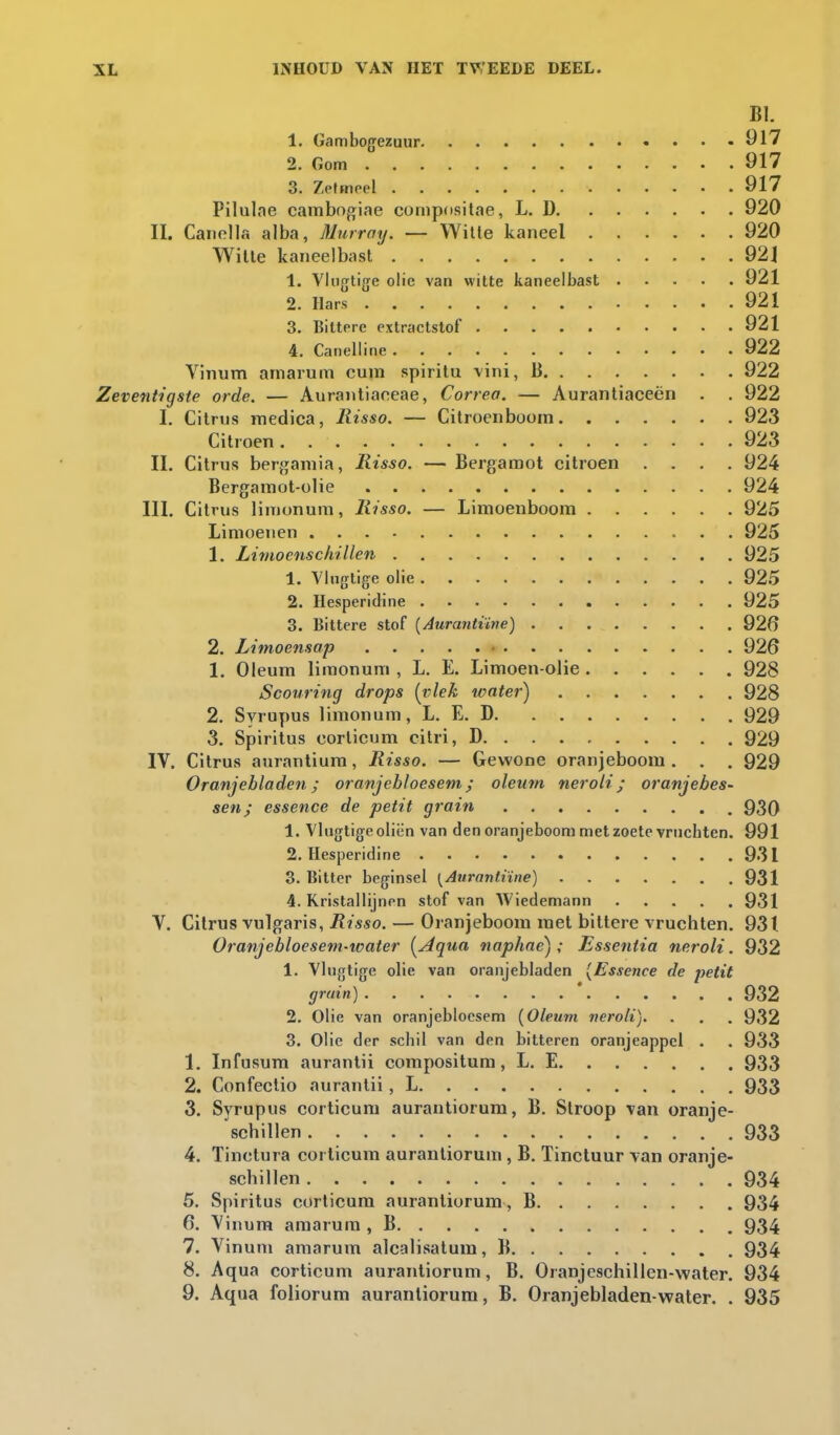 BI. 1. (ïambogezuur 917 2. Gom 917 3. Zetmeel 917 Pilulae cambogiae compositae, L. D 920 II. Canella alba, Murray. — Witte kaneel 920 Wille kaneelbast 921 1. Vlugtige olie van witte kaneelbast 921 2. Hars 921 3. Biltere extractslof 921 4. Canelline 922 Vinum amarum cum spiritu \ini, B 922 Zeventigste orde. — Aurantiaeeae, Correa. — Aurantiaceën . . 922 I. Citrus medica, Risso. — Citroenboom 923 Citroen 923 II. Citrus bergamia, Risso. — Bergamot citroen .... 924 Bergamot-olie 924 III. Citrus limonum, Risso. — Limoenboom 925 Limoenen 925 1. Limoenschillen 925 1. Vlugtige olie 925 2. Hesperidine 925 3. Bittere stof (Aurantüne) 926 2. Limoensap 926 1. Oleurn limonum , L. E. Limoen-olie 928 Scouring drops {vlek water) 928 2. Syrupus limonum, L. E. D 929 3. Spiritus eorticum citri, D 929 IV. Citrus aurantium, Risso. — Gewone oranjeboom. . . 929 Oranjebladen; oranjebloesem; oleum nero li>; oranjebes- sen; essence de petit grain 930 1. Vlugtige oliën van den oranjeboom met zoete vruchten. 991 2. Hesperidine 931 3. Bitter beginsel [Anrantiïne) 931 4. Kristallijnen stof van Wiedemann 931 V. Citrus vulgaris, Risso. — Oranjeboom met bittere vruchten. 931 Oranjebloesem-water {Aqua naphae); Essentia neroli. 932 1. Vlugtige olie van oranjebladen [Essence de petit grain) ' 932 2. Olie van oranjebloesem (Oleum neroli). . . . 932 3. Olie der schil van den bitteren oranjeappel . . 933 1. Infusum aurantii compositum, L. E 933 2. Confectio aurantii, L 933 3. Syrupus eorticum aurantiorum, B. Stroop van oranje- schillen 933 4. Tinctura eorticum aurantiorum , B. Tinctuur van oranje- schillen 934 5. Spiritus eorticum aurantiorum, B 934 6. Vinum amarum , B 934 7. Vinum amarum alcalisatum, B 934 8. Aqua eorticum aurantiorum, B. Oranjeschillen-water. 934 9. Aqua foliorum aurantiorum, B. Oranjebladen-water. . 935