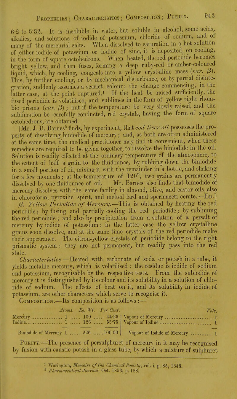 6-2 to 6-32. It is insoluble in water, but soluble in alcohol, some acids, alkalies, and solutions of iodide of potassium, chloride of sodium, and ot many of the mercurial salts. When dissolved to saturation m a hot solution of either iodide of potassium or iodide of zinc, it is deposited, on coohng, in the form of square octohedrons. When heated, the red penodide becomes bright yellow, and then fuses, forming a deep ruby-red or amber-colouwid liquid, which, by cooling, congeals into a yellow crystalline mass {var.^ /3). This, by further cooling, or by mechanical disturbance, or by partial disinte- gration, suddenly assumes a scarlet colour: the change commencnig, m the latter case, at the point ruptured.^ If the heat be raised sufficiently, the fused periodide is volatilised, and sublimes in the form of yellow right rhom- bic prisms {var. /3) ; but if the temperature be very slowly raised, and the sublimation be carefully conducted, red crystals, having the form of square octohedrons, are obtained. [Mr. J. B. Barnes^ finds, by experiment, that cod liver oil possesses the pro- perty of dissolving biniodideof mercury; and, as both are often administered at the same time, the medical practitioner may find it convenient, when these remedies are required to be given together, to dissolve the biniodide in the oil. Solution is readily effected at the ordinary temperature of the atmosphere, to the extent of half a grain to the fluidounce, by rubbing down the biniodide in a small portion of oil, mixing it with the remainder in a bottle, and shaking for a few moments; at the temperature of 120°, two grains are perinanently dissolved by one fluidounce of oil. Mr. Barnes also finds that biniodide of mercury dissolves with the same facility in almond, olive, and castor oils, also in chloroform, pyroxilic spirit, and melted lard and spermaceti cerate.—Ed.] ^. Yellow Periodide of Mercury.—This is obtained by heating the red periodide; by fusing and partially cooling the red periodide; by subliming the red periodide; and also by precipitation from a solution of a persalt of mercury by iodide of potassium : in the latter case the yellow crystalline grains soon dissolve, and at the same time crystals of the red periodide make their appearance. The citron-yellow crystals of periodide belong to the right prismatic system: they are not permanent, but readily pass into the red state. Characteristics.—Heated with carbonate of soda or potash in a tube, it yields metaUic mercury, which is volatihsed : the residue is iodide of sodium and potassium, recognisable by the respective tests. Prom the subiodide of mercury it is distinguished by its colour and its solubility in a solution of chlo- ride of sodium. The effects of heat on it, and its solubility in iodide of potassium, are other characters which serve to recognise it. Composition.—Its composition is as follows :— Atoms. Eq. Wt. Per Cent. Vols. Mercury 1 100 44-25 Iodine 1 126 55-75 Biniodide of Mercury I 226 100-00 Vaponr of Mercury 1 Vapour of Iodine 1 Vapour of Iodide of Mercury 1 Purity.—The presence of persulphuret of mercury in it may be recognised by fusion with caustic potash in a glass tube, by which a mixture of sulphuret ' Warington, Memoirs of the Chemical Society, vol. i. p. 85, 1848. * Pharmaceutical Journal, Oct. 1853, p. 188.