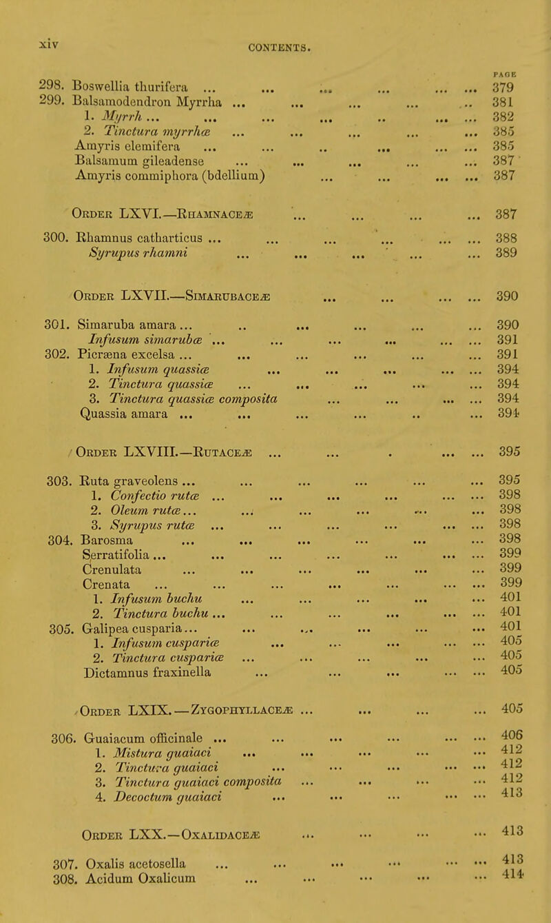 CONTENTS. PAGE 298. Boswellia thurifera ... ... ... ... 379 299. Balsamodendron Myrrha ... ... ... ... .. 381 1. Mijrrh... ... ... ... .. 382 2. Tinctura myrrhcR ... ... ... ... ... 385 Amp-is elemifera ... ... ., ... 385 Balsamum gileadense ... ... ... ... ... 387 Amyris commiphora (bdellium) ... ... 387 Order LXVI.—Rhamnace^e ... ... ... ... 387 300. Rhamnus catharticus ... ... ... ... 388 Syrupus rhamni ... ... ... ... ... 389 Order LXVII.—SiMARUBACEiE ... ... 390 301. Simaruba amara... .. ... ... ... ... 390 Infusum simarubcB ... ... ... ... 391 302. Picrsena 1. Infusum quassice ... ... ... 394 2. Tinctura quassice ... ... ... ... ... 394 3. Tinctura quassice composita ... ... 394 Quassia amara ... ... ... ... .. ... 394 /Order LXVIII.—Rutace^ ... ... . 395 303. Ruta graveolens... ... ... ... ... ... 395 1. Confectio rutcB ... ... ... ... 398 2. Oleum rutce... ,.: ... ... ... 398 3. Syrupus rutce ... ... ... ... 398 304. Barosma ... ... ... ... ... ■•• 398 S,erratifolia... ... ... ... ... 399 Crenulata ... ... ... ... ... ••• 399 Crenata ... ... ... ... ... 399 1. Infusum huchu ... ... ... ... ... 401 2. Tinctura huchu... ... ... ... 401 305. Galipeacusparia... ... ... ... ... ... 401 1. Infusum cusparicB ... ... ... 40o 2. Tinctura cusparioe ... ... ... ... ... 405 Dictamnus fraxinella ... ... ... 405 /Order LXIX.—ZYGOPHYLLACEiE ... ... ... ... 405 306. Guaiacum officinale ... ... ... ••• 'iOS 1. Mistura quaiaci ... ... ••• .•• ••• 412 2. Tinctuva guaiaci ... ••• ... 3. Tinctura guaiaci composita ... ... ... ... 412 4. Decoctum guaiaci ... ••• ••• '^^^ Order LXX.—OxALiDACEiE ••• ••• ••• 307. Oxalis acetosella ... ... ..• ••• '^^^ 308. Acidum Oxalicum ... ... ••• ••• ••• ^^^