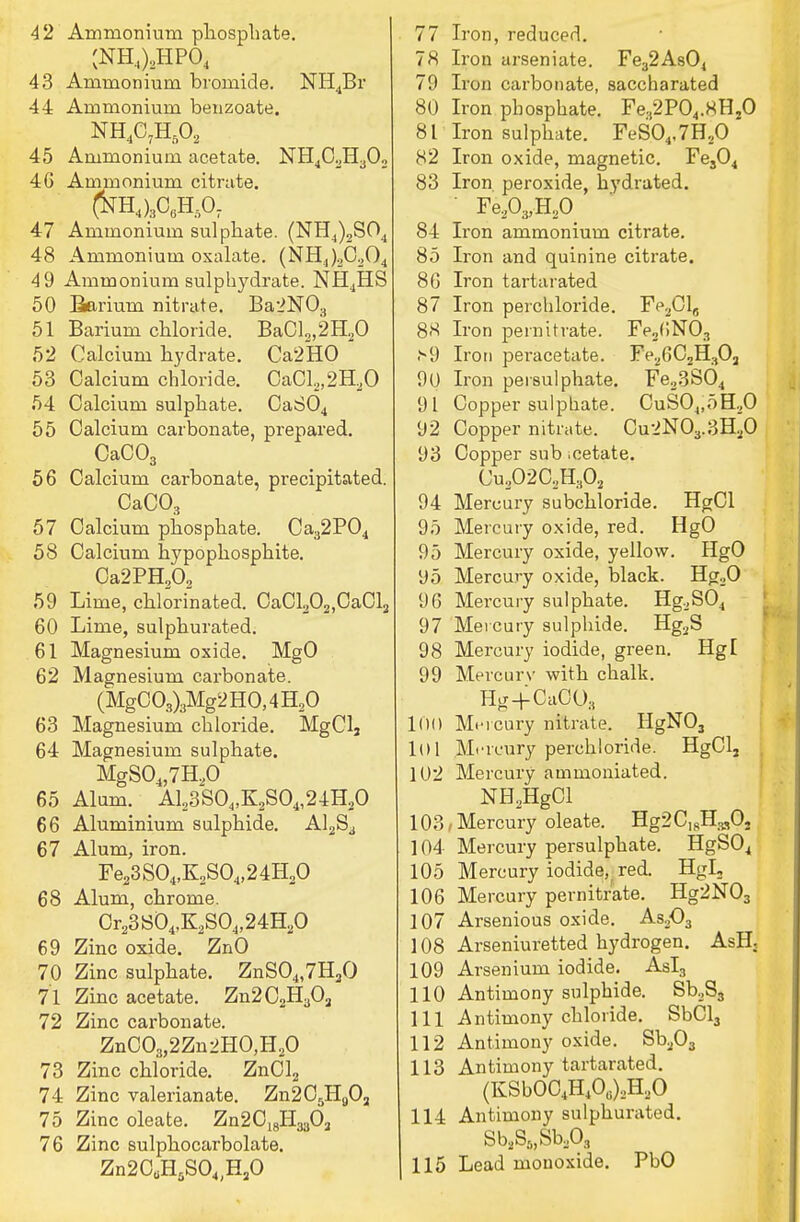JNH4)2HP04 43 Ammonium bromide. NHJBr 44 Ammonium benzoate. NH407Hf)02 45 Ammonium acetate. NH4C2Ha02 46 Ammonium citrate. (kH4)308Hs07 47 Ammonium sulphate. (NH4)2S04 48 Ammonium oxalate. (NH,)2C204 49 Ammonium sulphydrate. NH4HS 50 Barium nitrate. Ba->N03 51 Barium chloride. BaCl2,2H20 52 Calcium hydrate. Ca2HO ' 53 Calcium chloride. CaCl2,2H,,0 54 Calcium sulphate. CaS04 55 Calcium carbonate, prepared. CaC03 56 Calcium carbonate, precipitated. CaC03 57 Calcium phosphate. Ca32P04 58 Calcium hypophosphite. Ca2PH202 59 Lime, chlorinated. CaCl202,CaCl2 60 Lime, sulphurated. 61 Magnesium oxide. MgO 62 Magnesium carbonate. (MgC03)3Mg2H0,4H20 63 Magnesium chloride. MgClj 64 Magnesium sulphate. MgS04,7H20 65 Alum. A123S04!K2S04,24H20 66 Aluminium sulphide. A12S3 67 Alum, iron. Fe23S04,K2S04,24H20 68 Alum, chrome. Cr23S304,K2S04,24H20 69 Zinc oxide. ZnO 70 Zinc sulphate. ZnS04,7HaO 71 Zinc acetate. Zn2C2H302 72 Zinc carbonate. ZnC03,2Zn2HO,H20 73 Zinc chloride. ZnCl2 74 Zinc valerianate. Zn2C5H9Oa 75 Zinc oleate. Zn2C18H3303 76 Zinc sulphocarbolate. Zn2CtiH5S04,HaO 78 Iron urseniate. Fe32As04 79 Iron carbonate, saccharated 80 Iron phosphate. Fe32P04.8H20 81 Iron sulphate. FeS04,7H20 82 Iron oxide, magnetic. Fes04 83 Iron peroxide, hydrated. • Fe203,H20 84 Iron ammonium citrate. 85 Iron and quinine citrate. 86 Iron tartarated 87 Iron perchloride. Fe2CL; 8S Iron pern it rate. Fe2(!N03 .s9 Iron peracetate. Fe26C2H3Oa 90 Iron persulphate. Fe23S04 9L Copper sulphate. CuS04,5H.,0 92 Copper nitrate. Cu2N03.3H20 93 Copper sub .cetate. Cu202C2H302 94 Mercury subchloride. HgCl 95 Mercury oxide, red. HgO 95 Mercury oxide, yellow. HgO 95 Mercury oxide, black. HgoO 96 Mercury sulphate. Hg2S04 97 Mercury sulphide. Hg2S 98 Mercury iodide, green. Hgl 99 Mercurv with chalk. Hg+Ca0O3 1()0 Mercury nitrate. HgN03 101 Mercury perchloride. HgCl2 102 Mercury ammoniated. NH2HgCl 103, Mercury oleate. Hg2C,8H3SOs 104 Mercury persulphate. HgS04 105 Mercury iodide, red. Hgl, 106 Mercury pernitrate. Hg2N03 107 Arsenious oxide. As203 108 Arseniuretted hydrogen. AsH, 109 Arsenium iodide. Asl3 110 Antimony sulphide. Sb,S3 111 Antimony chloride. SbCl3 112 Antimony oxide. Sb203 113 Antimony tartarated. (KSb004H40„)2H2O 114 Antimony sulphurated. Sb,S8,Sb308 115 Lead monoxide. PbO