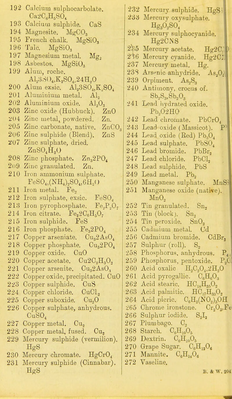 0a206H6S04 193 Calcium sulphide. CaS 194 Magnesite. MgC03 195 French chalk. MgSiO, 196 Talc. MgSi03 197 Magnesium metal. Mg2 198 Asbestos. MgSi03 199 Alum, roche. A123.S()4,K2S04,24H,0 200 Alum exsic. A1S3S04,K.S04 201 Aluminium metal. Al2 202 Aluminium oxide. A1203 203 Zinc oxide (Hubbuck). ZnO 204 Zinc metalj powdered. Zn. 205 Zinc carbonate, native. ZnC03 206 Zinc sulphide (Blend). ZnS 207 Zinc sulphate, dried. ZnS04H20 208 Zinc phosphate. Zn32P04 2l)9 Zinc granulated. Zn. 210 Iron ammonium sulphate. FeS04,(NH4)2S04,6H,<) 211 Iron metal. Fe2 212 Iron sulphate, exsic. FeS04 2 Iron pyrophosphate. Fe.jP.fi 7 214 Iron citrate. Fe22C6H507~ 215 Iron sulphide. FeS 216 Iron phosphate. Fe32P04 217 Copper arseniate. Cu32As04 218 Copper phosphate. Cu32P04 219 Copper oxide. CuO 220 Copper acetate. Cu2C2H302 221 Copper arsenite. Cu32As03 222 Copper oxide, precipitated. CuO 223 Copper sulphide. CuS 224 Copper chloride. CuCl2 225 Copper suboxide. Cu20 226 Copper sulphate, anhydrous. CuS04 227 Copper metal. Cu2 228 Copper metal, fused. Cu2 229 Mercury sulphide (vermilion). HgS 230 Mercury chromate. HgCr04 231 Mercury sulphide (Cinnabar). HgS 233 Mercury oxysulphate. Hg302S04 234 Mercury sulphocyanide. Hg2CNS 2^5 Mercury acetate. Hg2C. 2^6 Mercury cyanide. Hg2C^ 237 Mercury metal. Hg. 235 Arsenic anhydride. As20: 239 Orpiment. As2S3 240 Antimony, crocus of. Sb2S3,Sb203 241 Lead hydrated oxide. Pb202HO 242 Lead chromate. PbCr04 243 Lead oxide (Massicot). P 244 Lead oxide (Bed) Pb,04 245 Lead sulphate. PbS04 246 Lead bromide. PbBr2 247 Lead chloride. PbCl2 248 Lead sulphide. PbS 249 Lead metal. Pb2 250 Manganese sulphate. MnS 251 Manganese oxide (native). Mn02 252 Tin granulated. Sn2 253 Tin (block). Sn2 254 Tin peroxide. Sn02 255 Cadmium metal. Cd 256 Cadmium bromide. CdBr2 257 Sulphur (roll). S2 258 Phosphorus, anhydrous. P4 259 Phosphorus, pentoxide. PaC 260 Acid oxalic H2C204.2H,0 261 Acid pyrogallic. C6Hfi03 262 Acid stearic. HClsH3S0„ 263 Acid palmitic. HC^H^O, 264 Acid picric. C6H2(NO.,)3OH 265 Chrome ironstone. Cr203,Fe 266 Sulphur iodide. S2I2 267 Plumbago. C„ 268 Starch. C6H10O5 269 Dextrin. C^HjA 270 Grape Sugar. CfiH1206 271 Mannite. C6Hu06 272 Vaseline. B. & W. 204