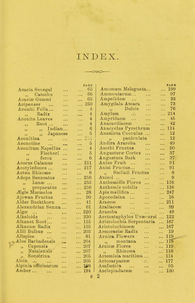 INDEX. Acacia Senegal PAGE ... 65 Amomam Melegueta... ,, Catechu ... 66 Ammoniacum... Acacise Gummi ... 65 Anipelideae Acipenser ... 250 Amygdala Amara Aconiti Folia... ... 4 ,, Dulcis Radix ... 4 Amylum Aconite Leaves ... 4 Amyridacae Eoot ... 4 Anacardiacese Indian... ... 6 Anacyclus Pyrethrum „ Japanese ... 5 Anamirta Cocculus ... Aconitina „ paniculata Aconofcine .... 5 Andira Araroba Aconitum Napellus .;. ... 4 Anethi Fructus j, Fischeri ... ... 5 Angusturae Cortex ... ferox ... 6 Angustura Bark Acorns Calamus ... 211 Anise Fruit ... Acotyledones ... ... 217 Anisi Fructus... Actsea Rhizome ... 8 „ Stellati Fructus Adeps Benzoatus ... 256 Anisol ... Lanse ... ... 253 Anthemidis Flores ... ,, preparatus ... ... 256 Anthemis nobilis Mgle Marmelos ... 28 Apis mellifica ... Ajowan Fructus ... 90 Apocodeina ... Alder Buckthorn ... 41 Araoeaa Alexandrian Senna ... ... 61 Araliacese Algae ... 220 Araroba Alkaloids ... 230 Arcfcostaphylos Uvse-ursi Alkanet Root ... ... 155 Aristolochia Serpentaria Alkannae Radix ... 155 Aristolochiaceaa Allii Bulbns ... ... 203 Armoraoise Radix Allspice ... 81 Arnica Flowers Aloe Barbadensis ... ... 204 „ montana „ Capensia ... 207 Arnicse Flores „ Natalensis ... 207 Rhizoma „ Socotrina ... 205 Artemisia maritima ... Aloin ... ... 205 Artocarpaceaa Alpinia officinarum ... ... 108 Asafcetida Amber ... ... 194 Asclepiadaceaa s 2