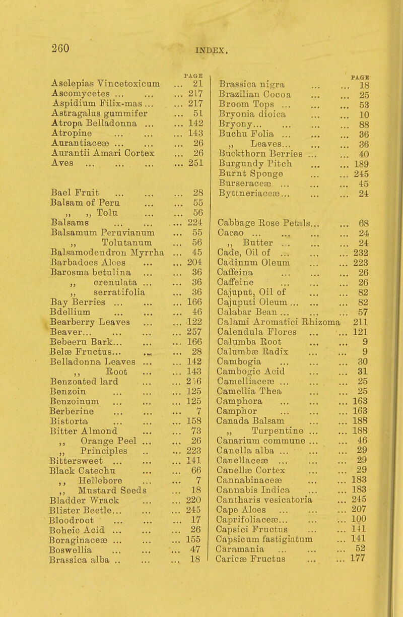 2G0 Asclepias Vincetoxicum ... 21 Brassica ni<^ra PAGE . AO Ascomycetes ... ... 217 Brazilian Cocoa . 25 Aspidiuni Filix-mas... ... 217 Broom Tops . 53 Astragalus gummifer ... 51 Bryonia dioica Atropa Belladonna ... ... 142 Bryony... Atropine ... 143 Buchu Folia Aurantiaceae ... ... 26 Leaves... Aurantii Amari Cortex ... 26 Buckthorn Berries 40 Aves ... 251 Burgundy Pitch. Burnt Sponge Burseracete IRQ 245 45 Bael Fruit ... 28 By ttneriaccsB... 24 Balsam of Peru ... 55 ,, Tolu ... 56 Balsams ... 224 Cabbage Rose Petals... . 68 Balsamum Peruvianum ... 55 Cacao ... . 24 ,, Tolutanum ... 56 Butter 24 Balsamodendron Myrrha ... 45 Cade, Oil of 232 Barbadoes Aloes ••• ... 204 Cadinum Oleum 223 Barosma betulina ... 36 Caffeina ... 26 ,, crenulata ... .. 36 Caffeine 26 ,, serratifolia ... 36 Cajuput, Oil of 82 Bay Berries ... 166 Cajuputi Oleum 82 Bdellium ... ... ... 46 Calabar Bean ... 57 Bearberry Leaves ... ... 122 Calami Aromatici Rhizoma 211 Beaver... '.. 257 Calendula Flores . 121 Bebeeru Bark... .. 166 Calumba Root 9 Belse Fructus... >M ... 28 Calumbae Radix 9 Belladonna Leaves ... .. 142 Cambogia . 30 ,5 Boot ... .. 143 Cambogic Acid 31 Benzoated lard .. 2:6 CamelliaceEe ... . 25 Benzoin 125 Camellia Thea 25 Benzoinum 125 Camphora ... .., 163 Berberine 7 Camphor 163 i ' . . i v ■ i. \jcv • * « 4 * * 158 Canada Balsam ... .. 188 T-ittfir Almond 73 „ Turpentine ... .. 188 j Orange Peel ... .. 26 Canarium commune ... . 46 Principles .. 223 Canella alba ... 29 Bittersweet ... ... .. 141 Canellacea? 29 Black Catechu .. 66 Canella? Cortex 29 TTftllpbrirA 7 CannabinaceEe 183 ,, Mustard Seeds .. 18 Cannabis Indica 183 Bladder Wrack .. 220 Cantharis vesicatoria 245 Blister Beetle .. 245 Cape Aloes 207 Bloodroot ... 17 Caprifoliaceaa... 100 Boheic Acid .. 26 Capsici Fructus 141 Boraginacese .. 155 Capsicum fastigiatum 141 Boswellia .. 47 Caramania 52 Brassica alba .. .. 18 Caricas Fructus 177