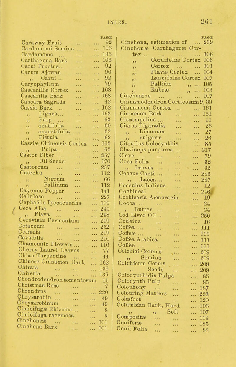 Caraway Fruifc Cardamomi Semina ... Cardamoms ... Carthagena Bark Garni Fructus... Carum Ajowan ,, Carui ... Caryophyllum Cascarillse Cortex Cascarilla Bark Cascara Sagrada Cassia Bark ,, Lignea... „ Pulp ... acutifolia angustifolia ... Fistula Cassias Chinensis Cortex .. Pulpa Castor Fiber Oil Seeds Castoreum Catechu Nigrum „ Pallidum Cayenne Pepper Cellulose Cephaelis Ipecacuanha Cera Alba ,, Flava Cerevisias Fermentum Cetaceum Cetraria Cevadilla Chamomile Flowers Cherry Laurel Leaves Cbian Turpentine Chinese Cinnamon Bark Chirata Chiretta Chondrodendron tomentosum Christmas Rose Chrondrus Chrysarobin Chrysarobinum Cimicifugae Rhizoma Cimicif uga racemosa Cinchoneas Cinchona Bark PAGE . 92 . 196 . 196 . 106 . 92 . 90 . 92 . 79 . 168 . 168 . 42 . 162 . 162 . 62 . 60 . 62 , 62 .' 162 , 62 . 257 . 170 257 112 66 , 112 141 227 109 249 248 219 252 219 210 116 77 44 162 136 136 11 7 220 49 49 8 8 101 101 Cinchona, estimation of Cinchonas Carthagenas Cor tex... Cordifolise Cortex Cortex Flavas Cortex Lancifoliae Cortex Pallidas ... Rubras ,, ... PAGE 239 106 106 101 104 107 105 103 107 Cinchonine Cinnamodendron Corticosum 9, 30 ... 161 ... 161 ... 11 ... 26 ... 27 ... 26 ... 85 ... 217 ... 79 ... 32 ... 32 ... 246 ... 247 ... 12 ... 246J ... 19^ ... 24 ... 24 ... 250 ... 16 ... Ill ... 109 ... Ill ... Ill ... 209 ... 209 ... 209 ... 209 ... 85 ... 85 ... 187 .. 223 ... 120 106 .. 107 .. 114 .. 185 .. 88 Cinnamomi Cortex Cinnamon Bark Cissampeline ... Citrus Bigaradia „ Limonum ,, vulgaris Citrullus Colocynthis Claviceps purpurea ... Clove ... Coca Folia Leaves ... Coccus Cacti ... ,, Lacca... Cocculus Indicus Cochineal Cochlearia Armoracia Cocoa ... „ Butter ... Cod Liver Oil... Codeina Coffea ... Coffeas ... Coffea Arabica Coffee Colchici Cormus „ Semina Colchicum Corms Seeds Colocynthidis Pulpa Colocynth Pulp Colophony Colouring Matters ... Coltsfoot Columbian Bark, Hard )> Soft Compositae Coniferae Conii Folia ...
