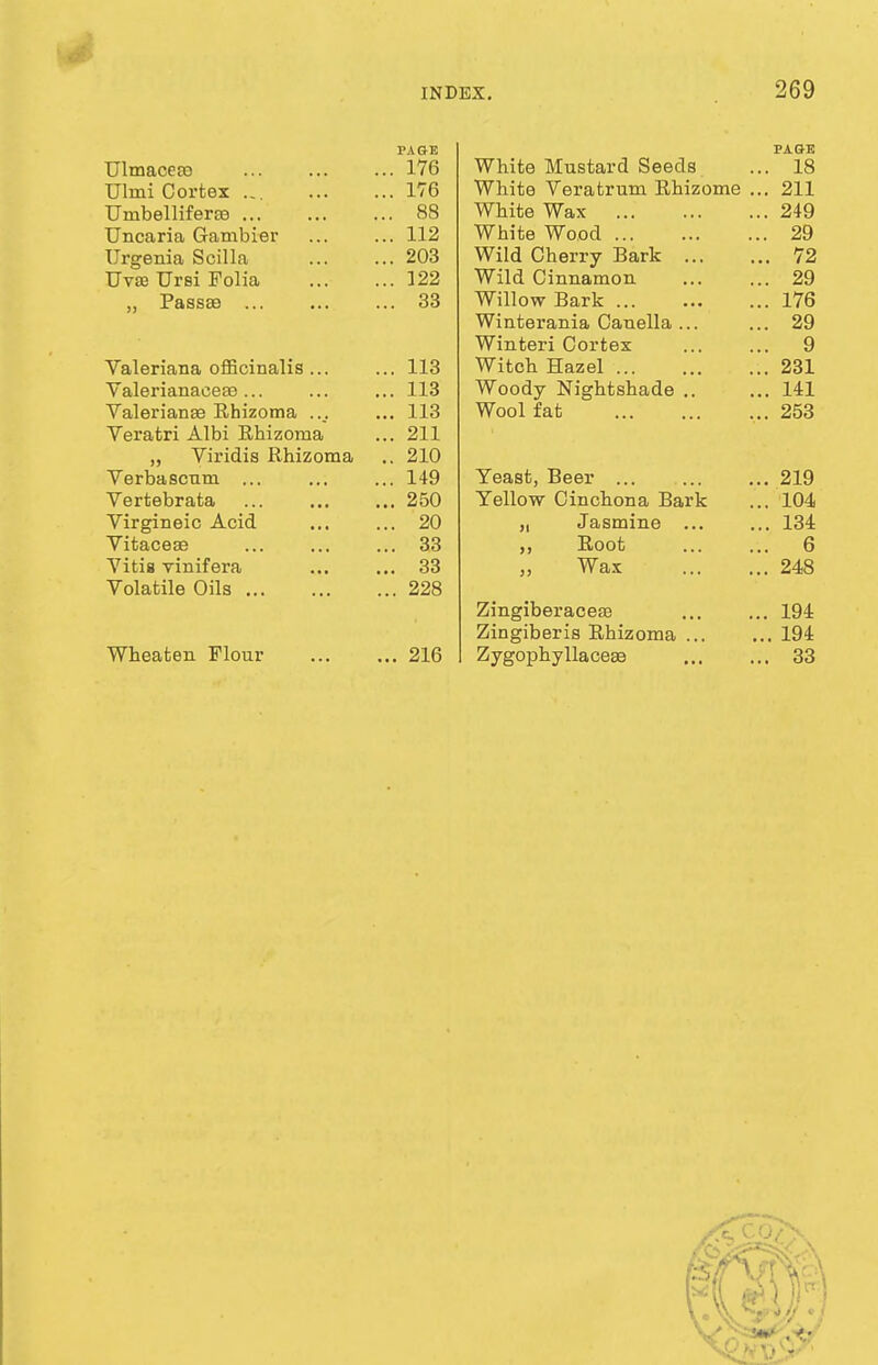 PAGE Ulmaceao 176 Ulmi Cortex ... 176 Umbelliferce 88 Uncaria Gambier ... ... 112 Urgenia Scilla ... ... 203 Uvae Ursi Folia 122 ,, Passae 33 Valeriana officinalis ... ... 113 Valerianaceae ... ... ... 113 Valerianae Rhizoma ... ... 113 Veratri Albi Rhizoma ... 211 ,, Viridis Rhizoma .. 210 Verba scnm ... ... ... 149 Vertebrata ... ... ... 250 Virgineic Acid ... ... 20 Vitaceae ... ... ... 33 Vitis vinifera ... ... 33 Volatile Oils 228 Wheaten Flour 216 PAGE White Mustard Seeds ... 18 White Veratrum Rhizome ... 211 White Wax 249 White Wood 29 Wild Cherry Bark 72 Wild Cinnamon 29 Willow Bark 176 Winterania Canella ... ... 29 Winteri Cortex 9 Witch Hazel 231 Woody Nightshade .. ... 141 Wool fat 253 Yeast, Beer 219 Yellow Cinchona Bark ... 104 „ Jasmine ... ... 134 ,, Root 6 „ Wax 248 Zingiberacese 194 Zingiberis Rhizoma 194 ZygophyllaceaB 33