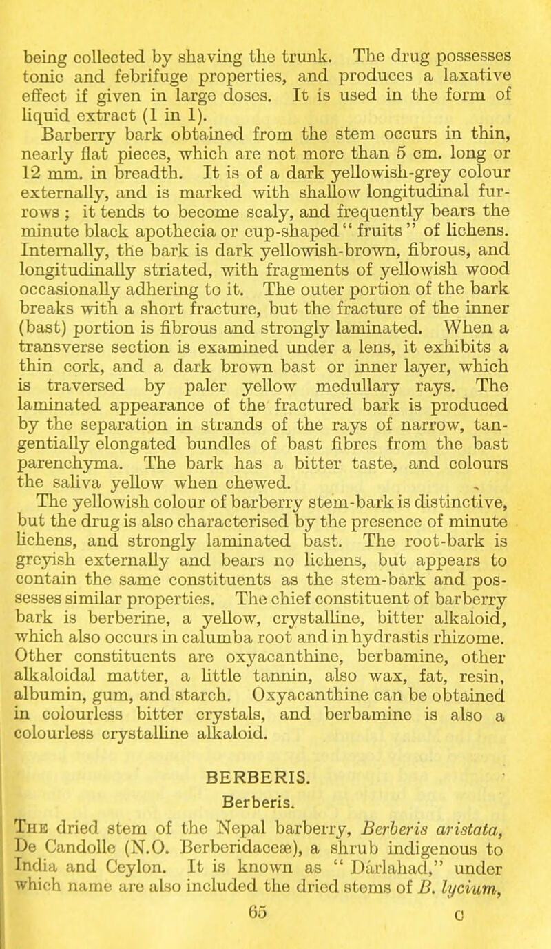 being collected by shaving the trunk. The drug possesses tonic and febrifuge properties, and produces a laxative effect if given in large doses. It is used in the form of Uquid extract (1 in 1). Barberry bark obtained from the stem occurs in thin, nearly flat pieces, which are not more than 5 cm. long or 12 mm. in breadth. It is of a dark yellowish-grey colour externally, and is marked with shallow longitudinal fur- rows ; it tends to become scaly, and frequently bears the minute black apothecia or cup-shaped fruits  of lichens. Internally, the bark is dark yeUowish-brown, fibrous, and longitudinally striated, with fragments of yellowish wood occasionally adhering to it. The outer portion of the bark breaks with a short fracture, but the fracture of the inner (bast) portion is fibrous and strongly laminated. When a transverse section is examined under a lens, it exhibits a thin cork, and a dark brown bast or inner layer, which is traversed by paler yellow medullary rays. The laminated appearance of the fractured bark is produced by the separation in strands of the rays of narrow, tan- gentially elongated bundles of bast fibres from the bast parenchyma. The bark has a bitter taste, and colours the sahva yeUow when chewed. The yellowish colour of barberry stem-bark is distinctive, but the drug is also characterised by the presence of minute lichens, and strongly laminated bast. The root-bark is greyish externally and bears no lichens, but appears to contain the same constituents as the stem-bark and pos- sesses similar properties. The chief constituent of barberry bark is berberine, a yellow, crystalHne, bitter alkaloid, which also occurs in calumba root and in hydrastis rhizome. Other constituents are oxyacanthine, berbamine, other alkaloidal matter, a Uttle tannin, also wax, fat, resin, albumin, gum, and starch. Oxyacanthine can be obtained in colourless bitter crystals, and berbamine is also a colourless crystalUne alkaloid. BERBERIS. Berberis. The dried stem of the Nepal barberry, Berberis aristata, De Candolle (N.O. Berberidacese), a shrub indigenous to India and Ceylon. It is known as  Diuiahad, under which name arc also included the dried stems of B. lycium,