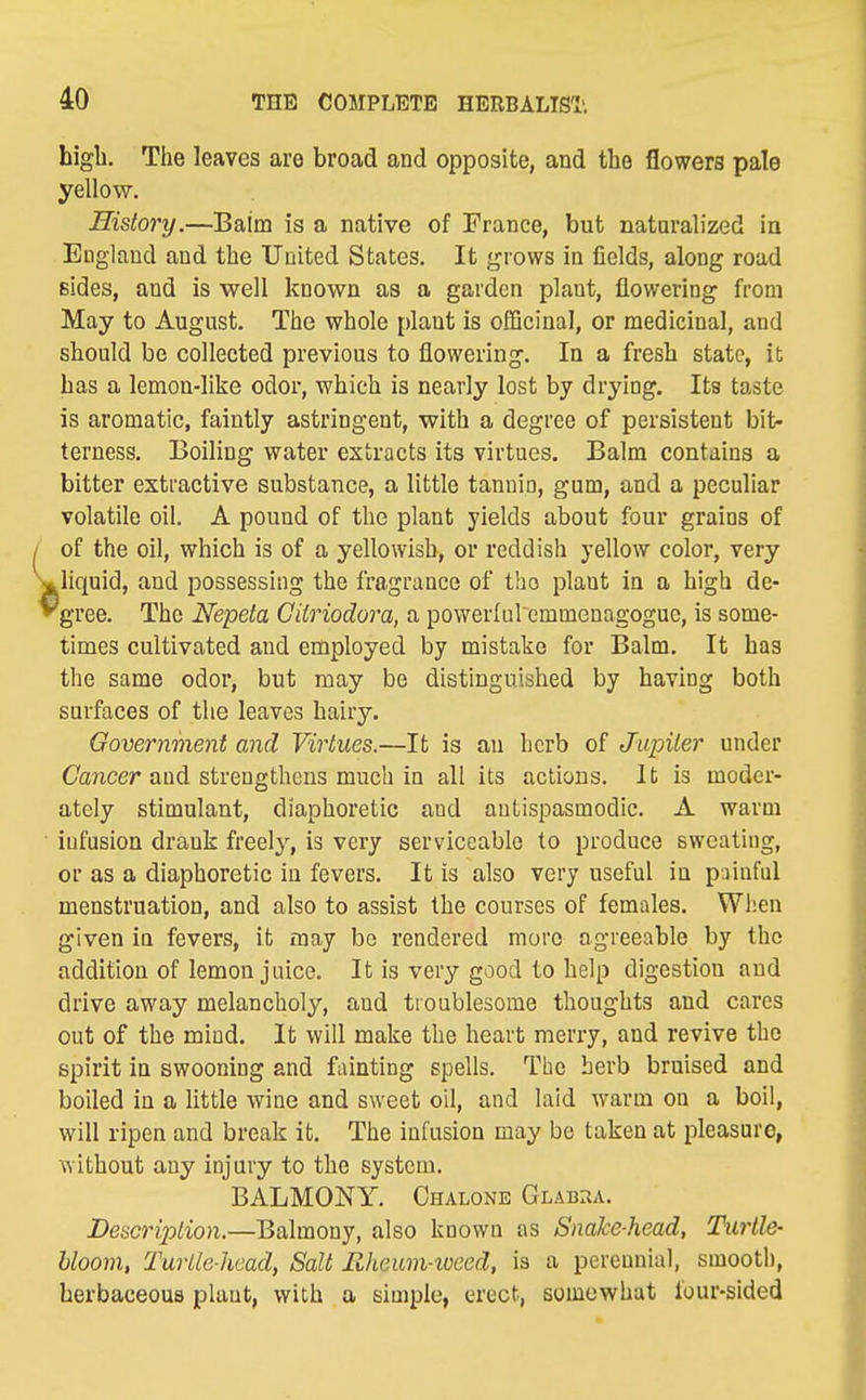 higb. The leaves are broad and opposite, and the flowers pale yellow. History.—Bairn is a native of France, but naturalized in England and the United States. It grows in fields, along road Bides, and is well known as a garden plant, flowering from May to August. The whole plant is officinal, or medicinal, and should be collected previous to flowering. In a fresh state, it has a lemon-like odor, which is nearly lost by drying. Its taste is aromatic, faintly astringent, with a degree of persistent bit- terness. Boiling water extracts its virtues. Balm contains a bitter extractive substance, a little tannin, gum, and a peculiar volatile oil. A pound of the plant yields about four grains of of the oil, which is of a yellowish, or reddish yellow color, very liquid, and possessing the fragrance of tho plant in a high de- gree. The Nepela Giiriodora, a powerlul'cmmenagogue, is some- times cultivated and employed by mistake for Balm. It has the same odor, but may be distinguished by having both surfaces of the leaves hairy. Government and Virtues.—It is au herb of Jupiter under Cancer and strengthens much in all its actions. It is moder- ately stimulant, diaphoretic and antispasmodic. A warm infusion drank freely, is very serviceable to produce sweating, or as a diaphoretic in fevers. It is also very useful in p.nuful menstruation, and also to assist the courses of females. When given in fevers, it may be rendered more agreeable by tho addition of lemon juice. It is very good to help digestion and drive away melancholy, and troublesome thoughts and cares out of the mind. It will make the heart merry, and revive tho spirit in swooning and fainting spells. The herb bruised and boiled in a little wine and sweet oil, and laid warm on a boil, will ripen and break it. The infusion may be taken at pleasure, without any injury to the system. BALMONY. Chalone Glabha. Description.—Balmony, also known as Snake-head, Turtle- bloom, TurKe-hcad, Salt Ilheum-iveed, is a perennial, smooth, herbaceous plant, with a simple, erect, somewhat four-sided