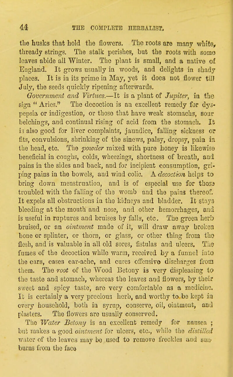 tlie husks that hold the flowers. The roots are many white, thready strings. The stalk perishes, but the roots with somo leaves abide all Winter. The plant is small, and a native of England. It grows usually in woods, and delights in shady places. It is in its prime in May, yet ifc does not flower till July, the seeds quickly ripening afterwards. Government and Virtues.—It is a plant of Jupiter, in the sign  Aries. The decoction is an excellent remedy for dys« pepsia or indigestion, or those that have weak stomachs, soar belchings, and continual rising of acid from the stomach. It is also good for liver complaints, jaundice, falling sickness or fits, convulsions, shrinking of the sinews, palsy, dropsy, pain in the head, etc. The powder mixed with pure honey is likewise beneficial in coughs, colds, wheezlngs, shortness of breath, and pains in the sides and back, and for incipient consumption, gri- ping pains in the bowels, and wind colic. A decocthn helps to bring down menstruation, and is of especial use for thosd troubled with the falling of the womb and the pains thereof. It expels all obstructions in the kidneys and bladder. It stays bleeding at the mouth and nose, and other hemorrhages, and is useful in ruptures and bruises by falls, etc. The green herb bruised, or an ointment made of it, will draw away broken bone or splinter, or thorn, or glass, or other thing from tho flesh, and is valuable in all old sores, fistulas and ulcers, Tae fumes of the decoction while warm, received by a funnel into the ears, eases ear-ache, and cures offensive discharges from them. The root of the Wood Betony is very displeasing to the taste and stomach, whereas the leaves and flowers, by their sweet and spicy taste, are very comfortable as a medicine. Ifc is certainly a very precious herb, and worthy to be kept in every household, both in syrnp, conserve, oil, oiafcment, and plasters. Tho flowers are usually conserved. The Water Betomj is an excellent remedy for nausea ; but makes a good ointment for ulcers, etc., while tho disiiUal water of tho leaves may bo used to remove freckles and sua- burns from tho faca