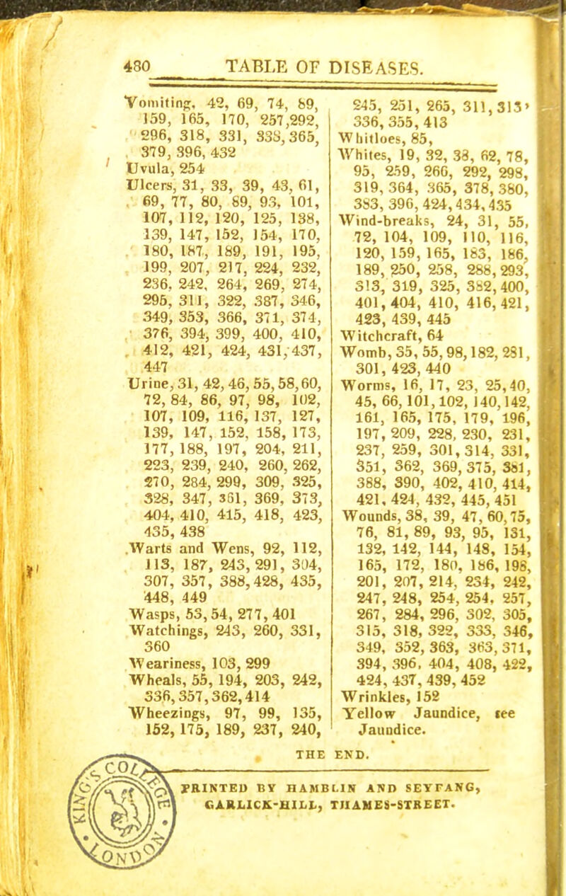 Vomiting, 42, 69, 74, 89, 159, 165, 170, 257,292, 296, 318, 331, S3S, 365, 379, 396, 432 Uvula, 254 Ulcers, 31, 33, 39, 43, 61, 69, 77, 80, 89, 93, 101, 107, 112, 120, 125, 138, 139, 147, 152, 154, 170, 180, 187, 189, 191, 195, 199, 207, 217, 224, 232, 236, 242, 264, 269, 274, 296, 311, 322, 387, 346, 349, 353, 366, 371, 374, 376, 394, 399, 400, 410, 412, 421, 424, 431, 437, 447 Urine, 31, 42, 46, 55,58,60, 72, 84, 86, 97, 98, 102, 107, 109, 116, 137, 127, 139, 147, 152, 158, 173, 177, 188, 197, 204, 211, 223, 239, 240, 260, 262, 270, 284, 299, 309, 325, 328, 347 , 3Q1, 369, 373, 404, 410, 415, 418, 423, 435, 438 Warts and Wens, 92, 112, 113, 187, 243, 291, 304, 307, 357 , 388,428, 435, 448, 449 Wasps, 53,54, 277,401 Watchings, 243, 260, 331, 360 Weariness, 103, 299 Wheals, 55, 194, 203, 242, 336,357,362,414 Wheezings, 97, 99, 135, 152, 175, 189, 237 , 240, S45, 251, 265, 311,313» 336, 355, 413 Wliitloes, 85, Whites, 19, 32, 33, 62, 78, 95, 259 , 266, 292, 298, 319, 364 , 365, 378, 380, 3S3, 390, 424,434,435 Wind-breaks, 24, 31, 55, 72, 104, 109, 110, 116, 120, 159, 165, 183, 186, 189, 250, 258, 288,293, 313, 319, 325, 3S2.400, 401,404 , 410, 416,421, 423, 439, 445 Witchcraft, 64 Womb, 35, 55,98,182,231, 301, 423, 440 Worms, 16, 17 , 23, 25,40, 45, 66, 101,102, 140,142, 161, 165, 175, 179, 196, 197, 209, 228, 230, 231, 237, 259, 301,314, 331, 351, 362, 369,375, Sal, 388, 390, 402, 410, 414, 421,424, 432, 445,451 Wounds, 38, 39, 47, 60,75, 76, 81, 89, 93, 95, 131, 132, 142, 144, 148, 154, 165, 172, 180, 186, 198, 201, 207 , 214, 234, 242, 247 , 248, 254, 254. 257, 267 , 284, 296, 302, 305, 315, 318, 322, 333. 346, 349, 352,363, 363,371, 394, 396, 404, 408, 422, 424, 43T, 439, 452 Wrinkles, 152 Yellow Jaundice, fee Jaundice. THE END. JPRI NT ED BY HAMBLIN AND SEYFANG, CARIilCK-HILL, THAMES-STREET.