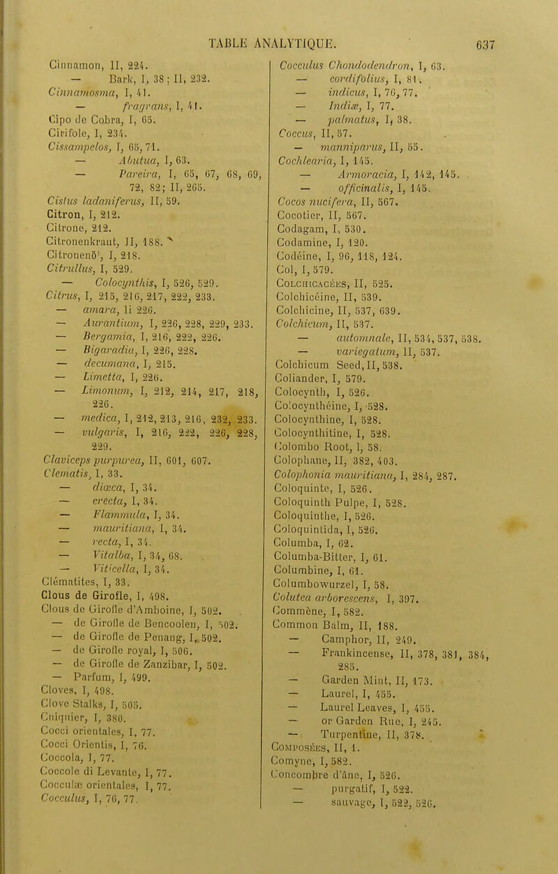 I TABLE ANALYTIQUE. 637 Cinnamon, II, 224. - Bark, I, 38 ; il, 232. Cinnamosma, I, 41. — fragrans, 1,41. Cipo de Cobra, I, Go. Cirifole, 1, 234. Cissampclos, I, 66,71. — Abutna, I, 63. — Pareil'a, I, G5, G7, 68, 69, 72, 82; II, 266. Cisliis lailaniferus, II, 69. Citron, I, 212. Citrone, 212. Citronenkraut, II, 188. ' Ci trônent)', I, 218. Citrullus, I, 629. — Colocynthis, I, 626, 629. Citrus, I, 215, 216, 217, 222, 233. — amara, li 226. — Aurantium, I, 226, 228, 229, 233. — Bergamia, I, 216, 222, 226. — Bigaradia, I, 226, 228. — decumanci, I, 215. — Limetta, I, 226. — Limonum, I, 212, 214, 217, 218, 226. — medica, I, 212, 213, 216, 232, 233. — vulgaris, I, 216, 222, 226, 228, 229. Claviccps purpurea, II, 601, 607. Clematis, I, 33. — diœca, I, 34. — erecta, I, 34. — Flammula, I, 34. — mauritiana, I, 34. — recta, I, 34. — Vitalba, I, 34, 68. — Viticella, 1,34. Clématites, I, 33. Clous de Girofle, I, 498. Clous de Girofle d’Amboine, I, 502. — de Girofle de Bencoolen, I, 502. — de Girofle de Penang, I,. 502. — de Girofle royal, I, 506. — de Girofle de Zanzibar, I, 502. — Parfum, I, 499. Cloves, I, 498. Clovc Stalks, I, 505. Cniquier, I, 380. Cocoi orientales, I, 77. Cocci Orienlis, I, 76. Coccola, I, 77. Coecole di Levante, I, 77. Coeculæ orientales, I, 77. Cocculus, I, 76, 77. Cocculus Cliondodendron, I, 63. — cordifolius, I, 81. — indiens, I, 76, 77. — Indiæ, I, 77. — palmatus, I, 38. Coccus, II, 57. — manniparus, II, 65. Cochlearia, I, 145. — Armoracia, I, 142, 145. — officinalis, I, 145. Cocos nucifera, II, 567, Cocotier, II, 567. Codagam, I, 530. Codamine, I, 120. Codéine, I, 96, 118, 124. Col, 1, 579. COLCtUCACÉKS, II, 525. Colchicéine, II, 539. Colchicine, II, 537, 639. Colchieum, II, 537. — automnale, II, 534, 537, 538. — variegaium, II, 537. Colchieum Seed,II, 538. Coliauder, I, 579. Colocynlh, I, 526. Colocynthéine, I, -528. Colocynthine, I, 528. Colocynthiline, I, 528. Colombo Root, 1, 58. Colophane, II, 382, 403. Colophonia mauritiana, I, 284, 287. Coloquinte, I, 526. Coloquinth Pulpe, I, 528. Coloquinthe, I, 526. Coloquintida, I, 526. Columba, I, 62. Columba-Bitter, I, 61. Columbine, I, 61. Columbowurzel, I, 58. Colutea arborescens, I, 397. Comméne, I, 582. Common Balm, II, 188. — Camphor, II, 249. — Frankincense, II, 378, 381, 384, 285. — Garden Miut, II, 173. — Laurel, I, 455. — Laurel Leaves, I, 455. — or Garden Rue, I, 245. — T u rp en line, II, 378. Composées, II, 1. Comyne, I, 582. Concombre d’âne, I, 526. — purgatif, I, 522. — sauvage, I, 522, 526.