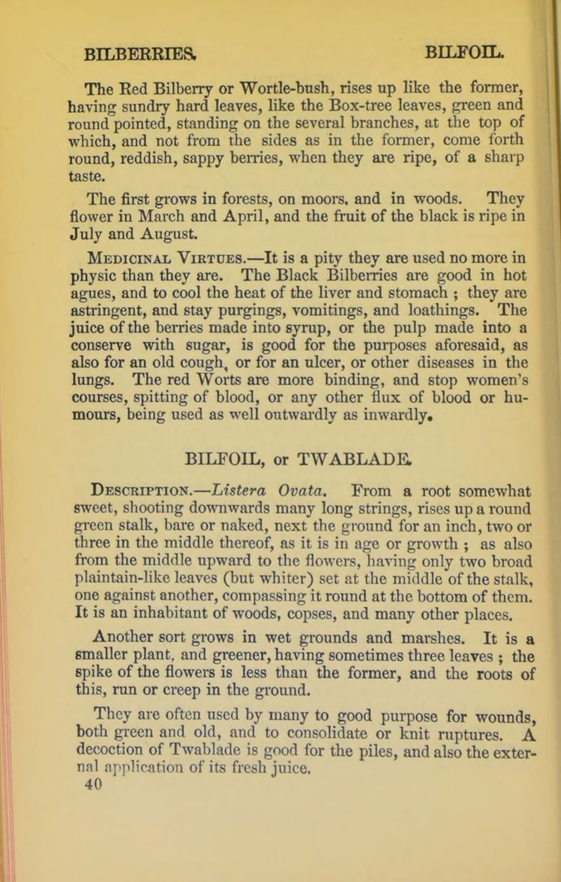 The Red Bilberry or Wortle-bnsh, rises up like the former, having sundry hard leaves, like the Box-tree leaves, green and round pointed, standing on the several branches, at the top of which, and not from the sides as in the former, come forth round, reddish, sappy hemes, when they are ripe, of a sharp taste. The first grows in forests, on moors, and in woods. They flower in March and April, and the fruit of the black is ripe in July and August. Medicinal Virtues.—It is a pity they are used no more in physic than they are. The Black Bilberries are good in hot agues, and to cool the heat of the liver and stomach ; they are astringent, and stay purgings, vomitings, and loathings. The juice of the berries made into syrup, or the pulp made into a conserve with sugar, is good for the purposes aforesaid, as also for an old cough, or for an ulcer, or other diseases in the lungs. The red Worts are more binding, and stop women's courses, spitting of blood, or any other flux of blood or hu- mours, being used as well outwardly as inwardly. BILFOLL, or TWABLADE. Description.—Listera Ovata. From a root somewhat sweet, shooting downwards many long strings, rises up a round green stalk, bare or naked, next the ground for an inch, two or three in the middle thereof, as it is in age or growth ; as also from the middle upward to the flowers, having only two broad plaintain-like leaves (but whiter) set at the middle of the stalk, one against another, compassing it round at the bottom of them. It is an inhabitant of woods, copses, and many other places. Another sort grows in wet grounds and marshes. It is a smaller plant, and greener, having sometimes three leaves ; the spike of the flowers is less than the former, and the roots of this, ran or creep in the ground. They are often used by many to good purpose for wounds, both green and old, and to consolidate or knit ruptures. A decoction of Twablade is good for the piles, and also the exter- nal application of its fresh juice.