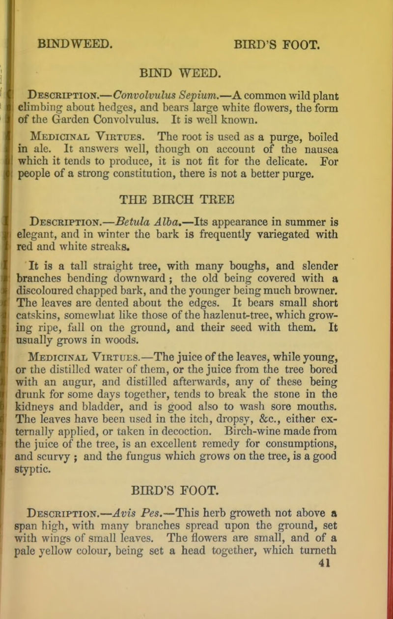 BIND WEED. Description.—Convolvulus Sepium.—A common wild plant j climbing about hedges, and bears large white flowers, the form 1 of the Garden Convolvulus. It is well known. Medicinal Virtues. The root is used as a purge, boiled j in ale. It answers well, though on account of the nausea l| which it tends to produce, it is not fit for the delicate. For \ people of a strong constitution, there is not a better purge. THE BIRCH TEEE Description.—Betula Alba.—Its appearance in summer is elegant, and in winter the bark is frequently variegated with l red and white streaks. It is a tall straight tree, with many boughs, and slender branches bending downward ; the old being covered with a discoloured chapped bark, and the younger being much browner. The leaves are dented about the edges. It bears small short catskins, somewhat like those of the hazlenut-tree, which grow- ing ripe, fall on the ground, and their seed with them. It usually grows in woods. Medicinal Virtues.—The juice of the leaves, while young, or the distilled water of them, or the juice from the tree bored with an augur, and distilled afterwards, any of these being drunk for some days together, tends to break the stone in the kidneys and bladder, and is good also to wash sore mouths. The leaves have been used in the itch, dropsy, &c, either ex- ternally applied, or taken in decoction. Birch-wine made from the juice of the tree, is an excellent remedy for consumptions, and scurvy ; and the fungus which grows on the tree, is a good styptic. BIRD'S FOOT. Description.—Avis Pes.—This herb groweth not above a span high, with many branches spread upon the ground, set with wings of small leaves. The flowers are small, and of a pale yellow colour, being set a head together, which turneth