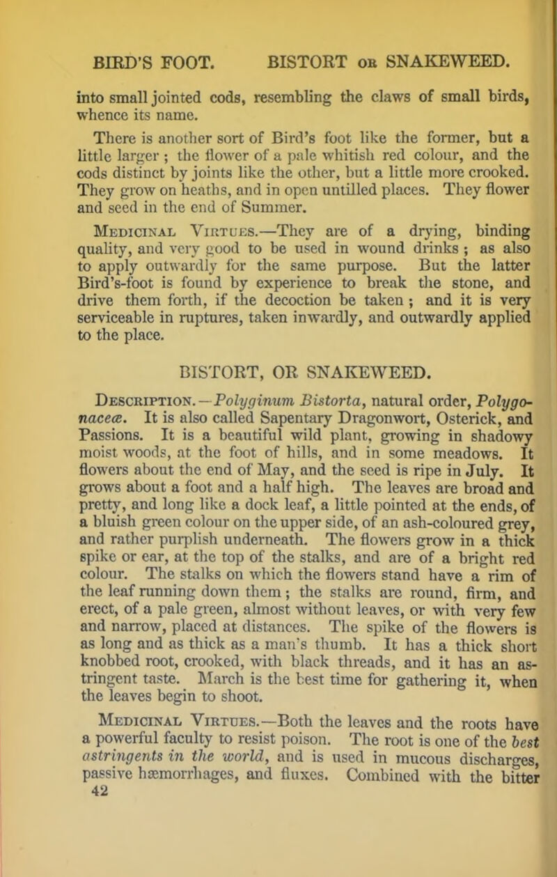 into small jointed cods, resembling the claws of small birds, whence its name. There is another sort of Bird's foot like the former, but a little larger ; the flower of a pale whitish red colour, and the cods distinct by joints like the other, but a little more crooked. They grow on heaths, and in open untilled places. They flower and seed in the end of Summer. Medicinal Virtues.—They are of a drying, binding quality, and very good to be used in wound drinks ; as also to apply outwardly for the same purpose. But the latter Bird's-foot is found by experience to break the stone, and drive them forth, if the decoction be taken ; and it is very serviceable in ruptures, taken inwardly, and outwardly applied to the place. BISTORT, OR SNAKEWEED. Description.—Polyginum Bistorta, natural order, Polygo- nacece. It is also called Sapentary Dragonwort, Osterick, and Passions. It is a beautiful wild plant, growing in shadowy moist woods, at the foot of hills, and in some meadows. It flowers about the end of May, and the seed is ripe in July. It grows about a foot and a half high. The leaves are broad and pretty, and long like a dock leaf, a little pointed at the ends, of a bluish green colour on the upper side, of an ash-coloured grey, and rather purplish underneath. The flowers grow in a thick spike or ear, at the top of the stalks, and are of a bright red colour. The stalks on which the flowers stand have a rim of the leaf running down them; the stalks are round, firm, and erect, of a pale green, almost without leaves, or with very few and narrow, placed at distances. The spike of the flowers is as long and as thick as a man's thumb. It has a thick short knobbed root, crooked, with black threads, and it has an as- tringent taste. March is the best time for gathering it, when the leaves begin to shoot. Medicinal Virtues.—Both the leaves and the roots have a powerful faculty to resist poison. The root is one of the best astringents in the world, and is used in mucous discharges, passive haemorrhages, and fluxes. Combined with the bitter