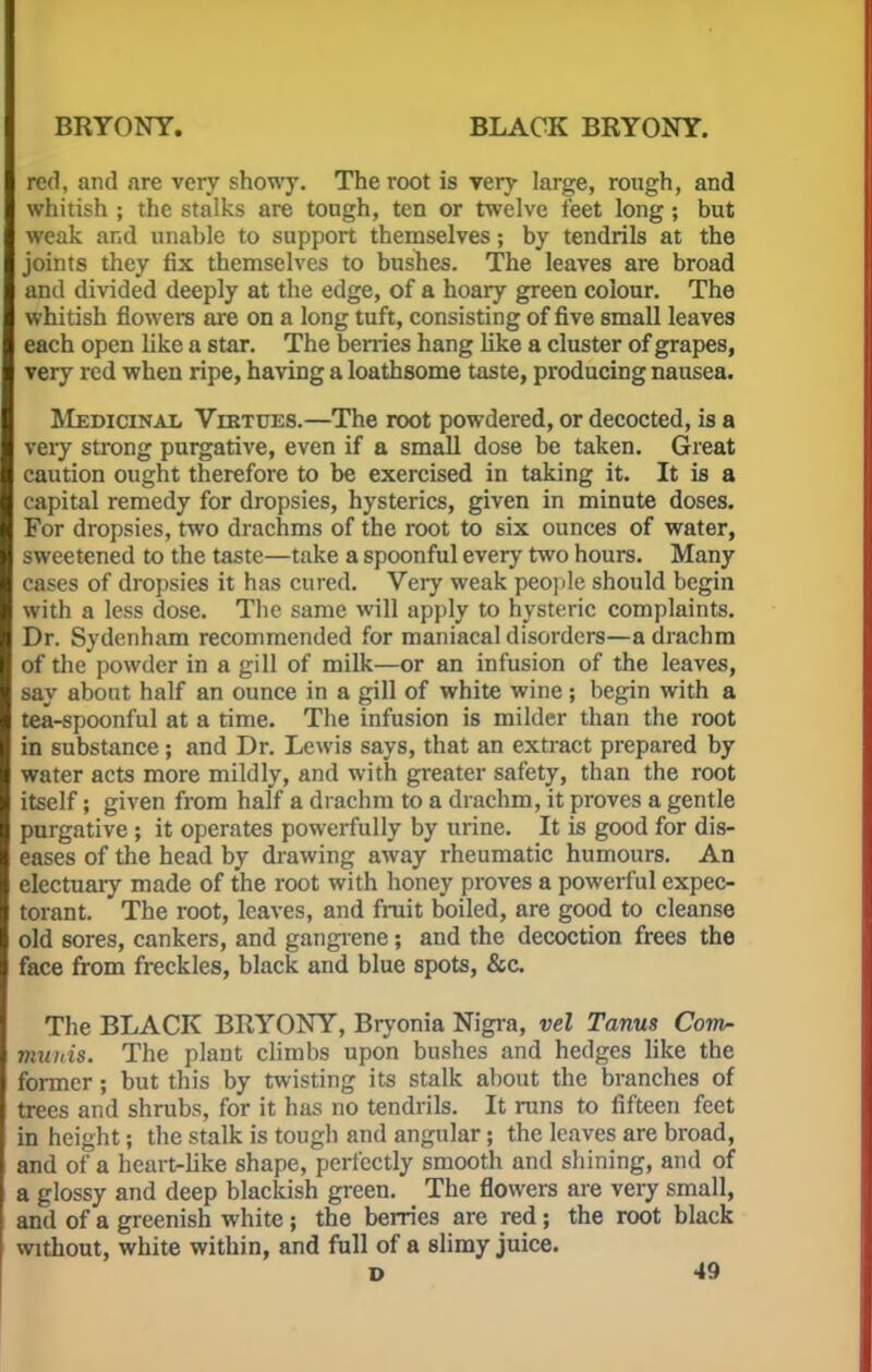 red, and are very showy. The root is very large, rough, and whitish ; the stalks are tough, ten or twelve feet long ; but weak and unable to support themselves; by tendrils at the joints they fix themselves to bushes. The leaves are broad and divided deeply at the edge, of a hoary green colour. The whitish flowers are on a long tuft, consisting of five small leaves each open like a star. The berries hang like a cluster of grapes, very red when ripe, having a loathsome taste, producing nausea. Medicinai, Virtues.—The root powdered, or decocted, is a very strong purgative, even if a small dose be taken. Great caution ought therefore to be exercised in taking it. It is a capital remedy for dropsies, hysterics, given in minute doses. For dropsies, two drachms of the root to six ounces of water, sweetened to the taste—take a spoonful every two hours. Many cases of dropsies it has cured. Very weak people should begin with a less dose. The same will apply to hysteric complaints. Dr. Sydenham recommended for maniacal disorders—a drachm of the powder in a gill of milk—or an infusion of the leaves, say about half an ounce in a gill of white wine; begin with a tea-spoonful at a time. The infusion is milder than the root in substance ; and Dr. Lewis says, that an extract prepared by water acts more mildly, and with greater safety, than the root itself; given from half a drachm to a drachm, it proves a gentle purgative ; it operates powerfully by urine. It is good for dis- eases of the head by drawing away rheumatic humours. An electuary made of the root with honey proves a powerful expec- torant. The root, leaves, and fruit boiled, are good to cleanse old sores, cankers, and gangrene; and the decoction frees the face from freckles, black and blue spots, &c The BLACK BRYONY, Bryonia Nigra, vel Tanus Com- munis. The plant climbs upon bushes and hedges like the former; but this by twisting its stalk about the branches of trees and shrubs, for it has no tendrils. It runs to fifteen feet in height; the stalk is tough and angular; the leaves are broad, and of a heart-like shape, perfectly smooth and shining, and of a glossy and deep blackish green. The flowers are very small, and of a greenish white; the berries are red; the root black without, white within, and full of a slimy juice.