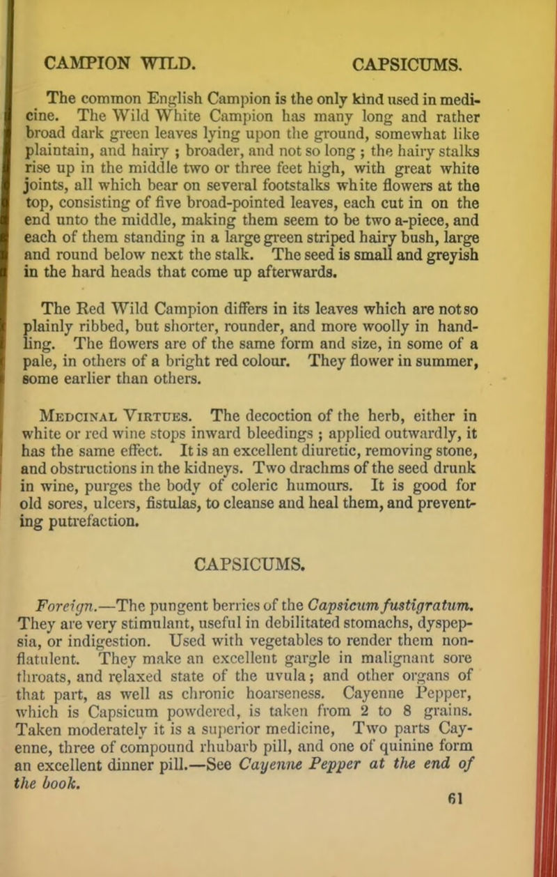 The common English Campion is the only kind used in medi- cine. The Wild White Campion has many long and rather broad dark green leaves lying upon the ground, somewhat like plaintain, and hairy ; broader, and not so long ; the hairy stalks rise up in the middle two or three feet high, with great white joints, all which bear on several footstalks white flowers at the top, consisting of five broad-pointed leaves, each cut in on the end unto the middle, making them seem to be two a-piece, and each of them standing in a large green striped hairy bush, large and round below next the stalk. The seed is small and greyish in the hard heads that come up afterwards. The Red Wild Campion differs in its leaves which are not so plainly ribbed, but shorter, rounder, and more woolly in hand- ling. The flowers are of the same form and size, in some of a pale, in others of a bright red colour. They flower in summer, some earlier than others. Medcinal Virtues. The decoction of the herb, either in white or red wine stops inward bleedings ; applied outwardly, it has the same effect. It is an excellent diuretic, removing stone, and obstructions in the kidneys. Two drachms of the seed drunk in wine, purges the body of coleric humours. It is good for old sores, ulcers, fistulas, to cleanse and heal them, and prevent- ing putrefaction. CAPSICUMS. Foreign.—The pungent berries of the Capsicum fustigratum. They are very stimulant, useful in debilitated stomachs, dyspep- sia, or indigestion. Used with vegetables to render them non- flatulent. They make an excellent gargle in malignant sore throats, and relaxed state of the uvula; and other organs of that part, as well as chronic hoarseness. Cayenne Pepper, which is Capsicum powdered, is taken from 2 to 8 grains. Taken moderately it is a superior medicine, Two parts Cay- enne, three of compound rhubarb pill, and one of quinine form an excellent dinner pill.—See Cayenne Pepper at tlie end of the book.