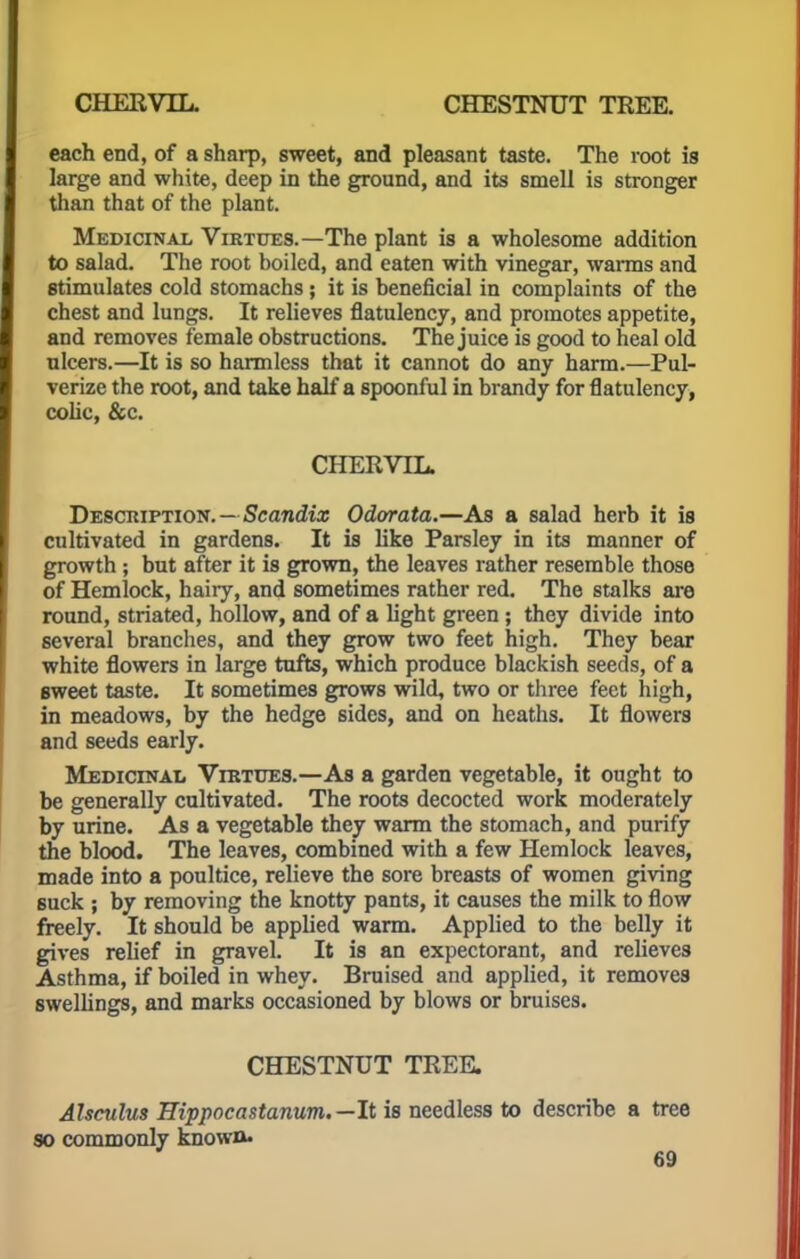CHERVIL. CHESTNUT TREE. each end, of a sharp, sweet, and pleasant taste. The root is large and white, deep in the ground, and its smell is stronger than that of the plant. Medicinal Virtues.—The plant is a wholesome addition to salad. The root boiled, and eaten with vinegar, warms and stimulates cold stomachs; it is beneficial in complaints of the chest and lungs. It relieves flatulency, and promotes appetite, and removes female obstructions. The juice is good to heal old ulcers.—It is so harmless that it cannot do any harm.—Pul- verize the root, and take half a spoonful in brandy for flatulency, colic, &c. CHERVIL. Description. — Scandix Odorata.—As a salad herb it is cultivated in gardens. It is like Parsley in its manner of growth ; but after it is grown, the leaves rather resemble those of Hemlock, hairy, and sometimes rather red. The stalks are round, striated, hollow, and of a light green ; they divide into several brandies, and they grow two feet high. They bear white flowers in large tufts, which produce blackish seeds, of a sweet taste. It sometimes grows wild, two or three feet high, in meadows, by the hedge sides, and on heaths. It flowers and seeds early. Medicinal Virtues.—As a garden vegetable, it ought to be generally cultivated. The roots decocted work moderately by urine. As a vegetable they warm the stomach, and purify the blood. The leaves, combined with a few Hemlock leaves, made into a poultice, relieve the sore breasts of women giving suck ; by removing the knotty pants, it causes the milk to flow freely. It should be applied warm. Applied to the belly it gives relief in gravel. It is an expectorant, and relieves Asthma, if boiled in whey. Bruised and applied, it removes swellings, and marks occasioned by blows or bruises. CHESTNUT TREE. Alsculus Hippocastanum.—It is needless to describe a tree so commonly known.