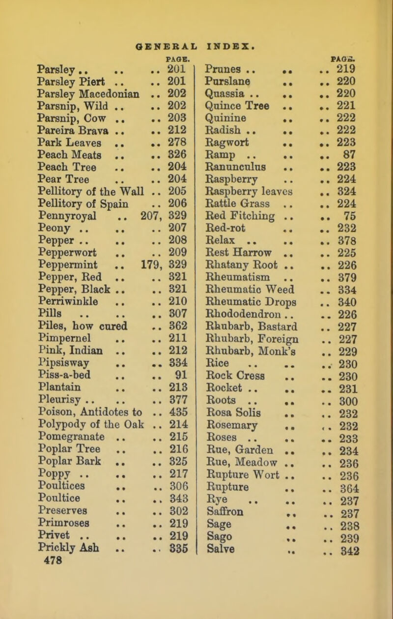 PAGE. Parsley Piert .. • • Parsley Macedonian • • Jrarsnip, wild • • Parsnip, Cow .. • • Pareira Brava .. • • 91 9 x ant jjeaves • • • • 97ft & to x cauil IVXcalb • • • • 32fi way Peach Tree • • 204 Pear Tree (PUT Pellitory of the Wall 905 Pellitory of Spain 90fi Pennyroyal .. 207, 329 Peony .. 207 208 Pepperwort 209 Peppermint .. 179, 329 Pepper, Red .. 321 Pepper, Black .. • • 321 Perriwinkle 210 Pills • • 307 Piles, how cured 362 Pimpernel • • 211 Pink, Indian .. 212 Pipsisway • • 334 Piss-a-bed • • 91 Plantain 213 Pleurisy 377 Poison, Antidotes to 435 Polypody of the Oak 214 Pomegranate .. 215 Poplar Tree 216 Poplar Bark .. • • 325 217 Poultices .. 306 Poultice • • 343 Preserves • • 302 Primroses • • 219 219 Prickly Ash 335 T V Fk 17 T X W U JS A • PAGiJ. Prunes . 219 Pnr^lanfl .. 220 Ona^sift 220 Quince Tree • • 221 Quinine •. .. 222 222 Ragwort • • .. 223 87 Rannnpnlns .. 223 Raspberry .. 224 RftMibprrv Ipavo** 324 224 Red Fitfiiiinfr 75 Red-rot •« .. 232 Relax 37ft Rpst FT arrow 225 Rhatany Root .. .. 226 Rheum at.i sm 37Q Rheumatic Weed 334 Rheumatic Drops .. 340 Rhododendron 22fi Rhubarb. Bastard 227 Rhubarb Foreitm 227 Rhubarb Monk's 22Q Rice 230 Rock Cress 230 Rocket .. .. 231 Roots .. „ 300 Rosa Solis •. 239 Rosemary .. 232 Roses .. ., .. 233 Rue, Garden .. . 234 Rue, Meadow .. Rupture Wort .. 23fi Rupture ., Rye 237 Saffron ., .. 237 Sage .. 238 Sago .. 239 Salve .. 342